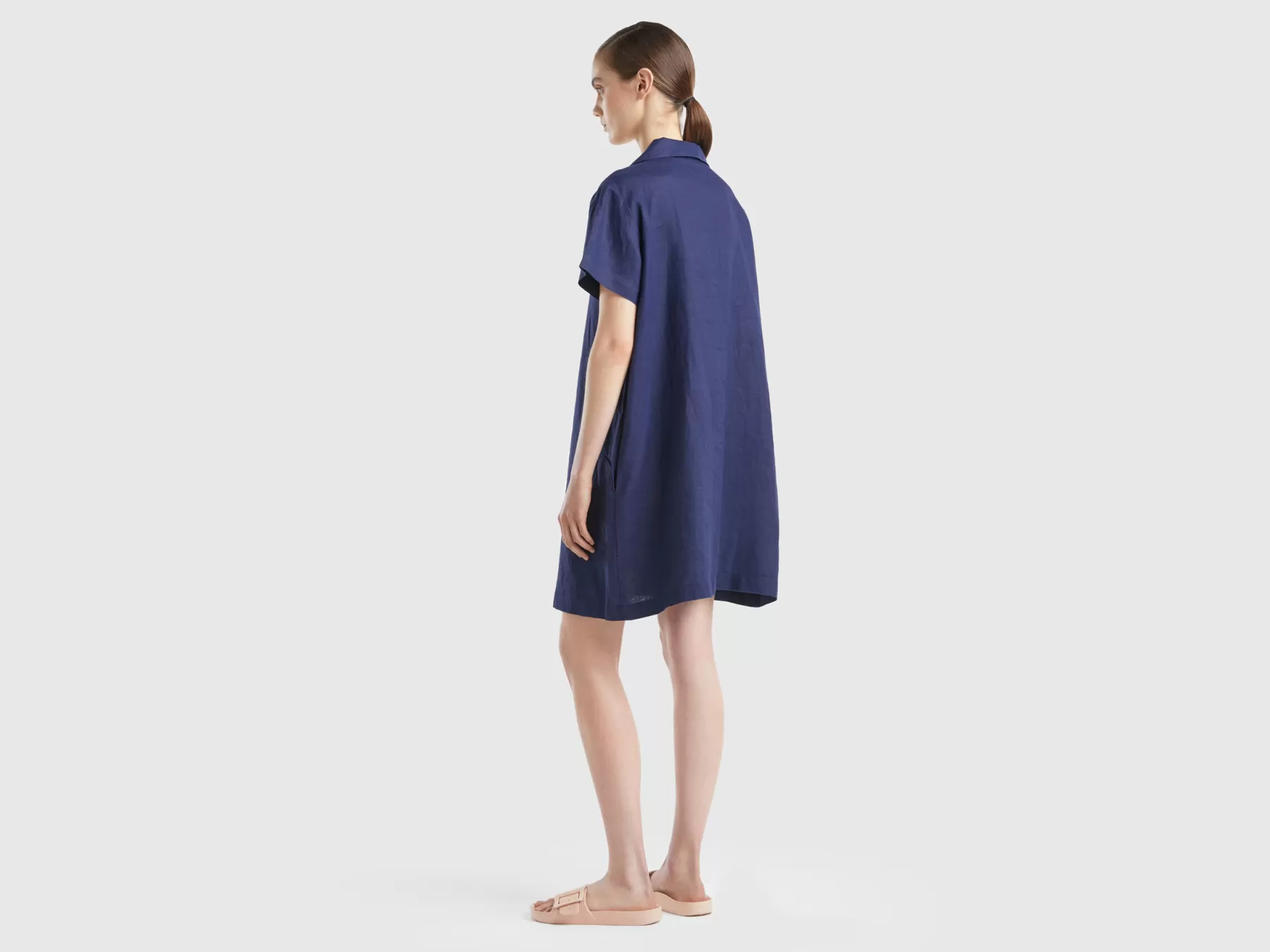 Benetton Abito Corto In Puro Lino Blu Scuro Shop