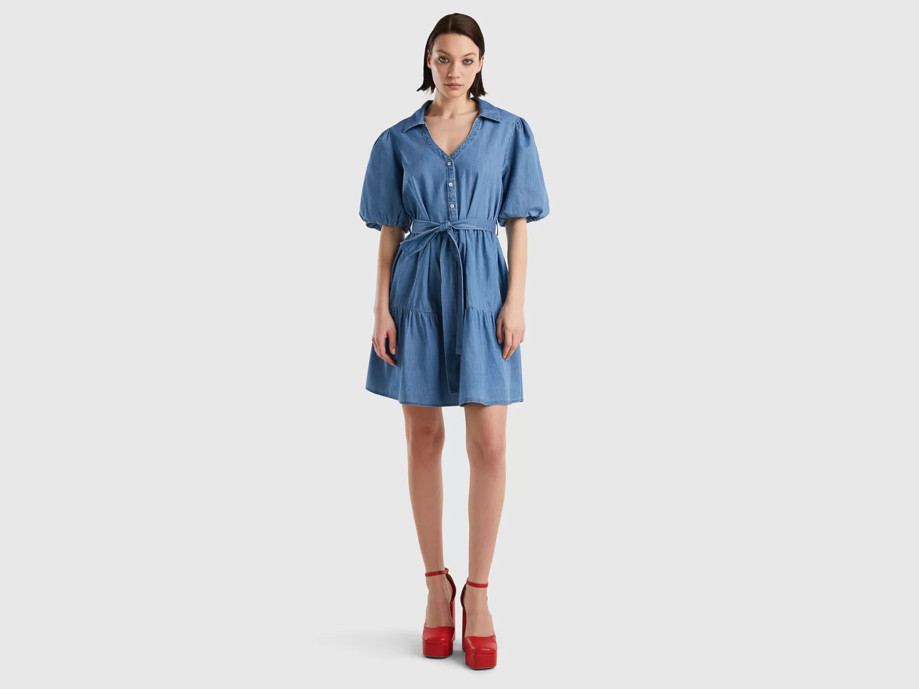 Benetton Abito In Chambray Con Balze Blu Discount