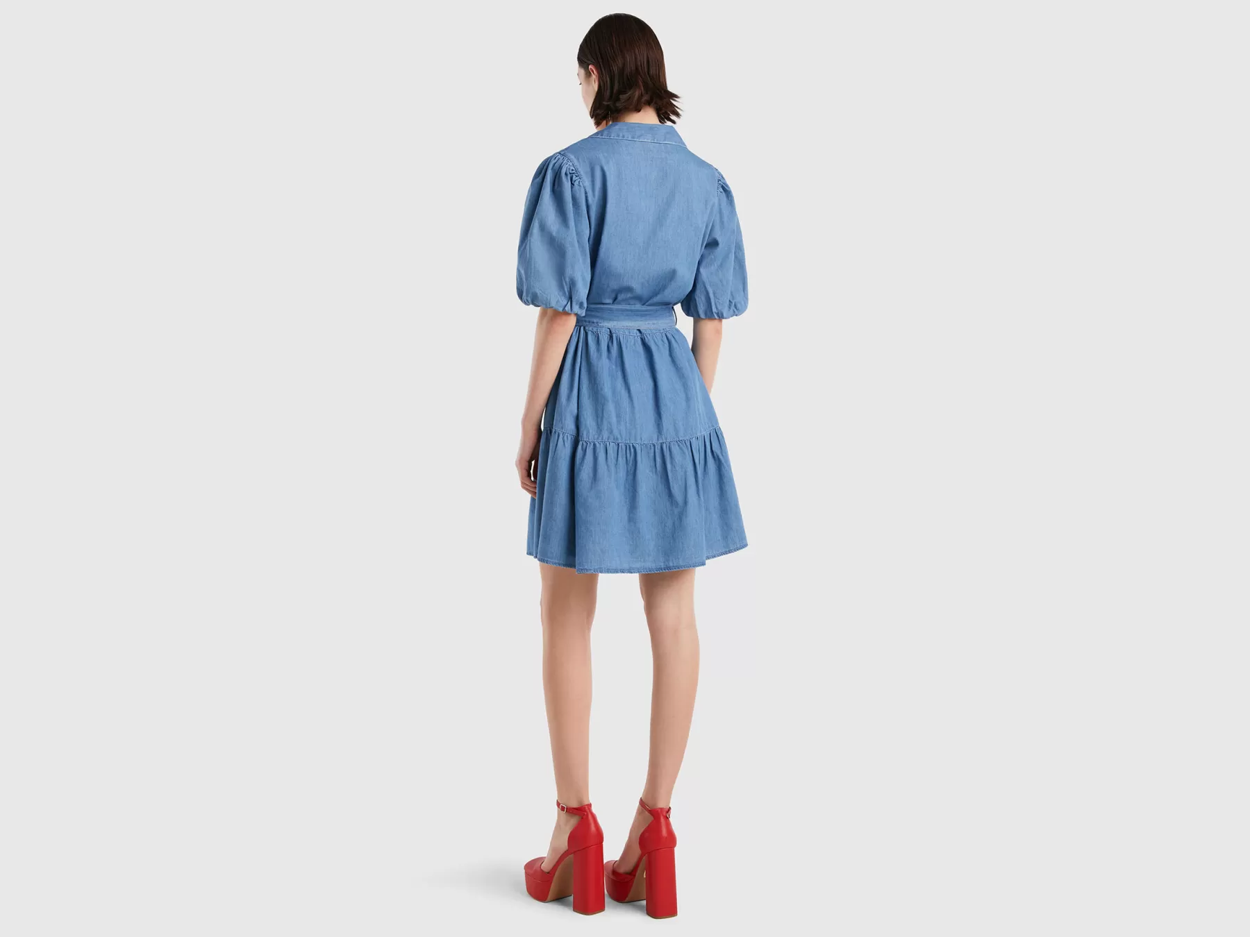 Benetton Abito In Chambray Con Balze Blu Discount