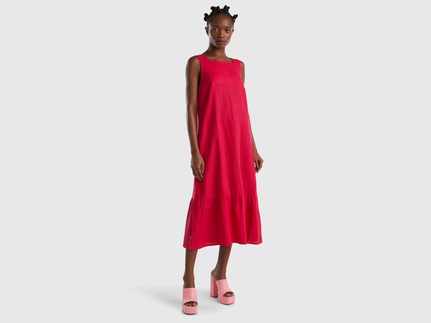 Benetton Abito Lungo Con Balza In Puro Lino Fucsia Clearance