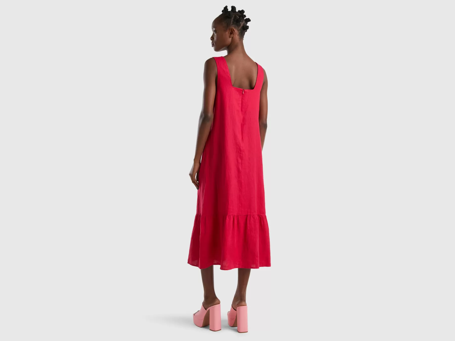 Benetton Abito Lungo Con Balza In Puro Lino Fucsia Clearance