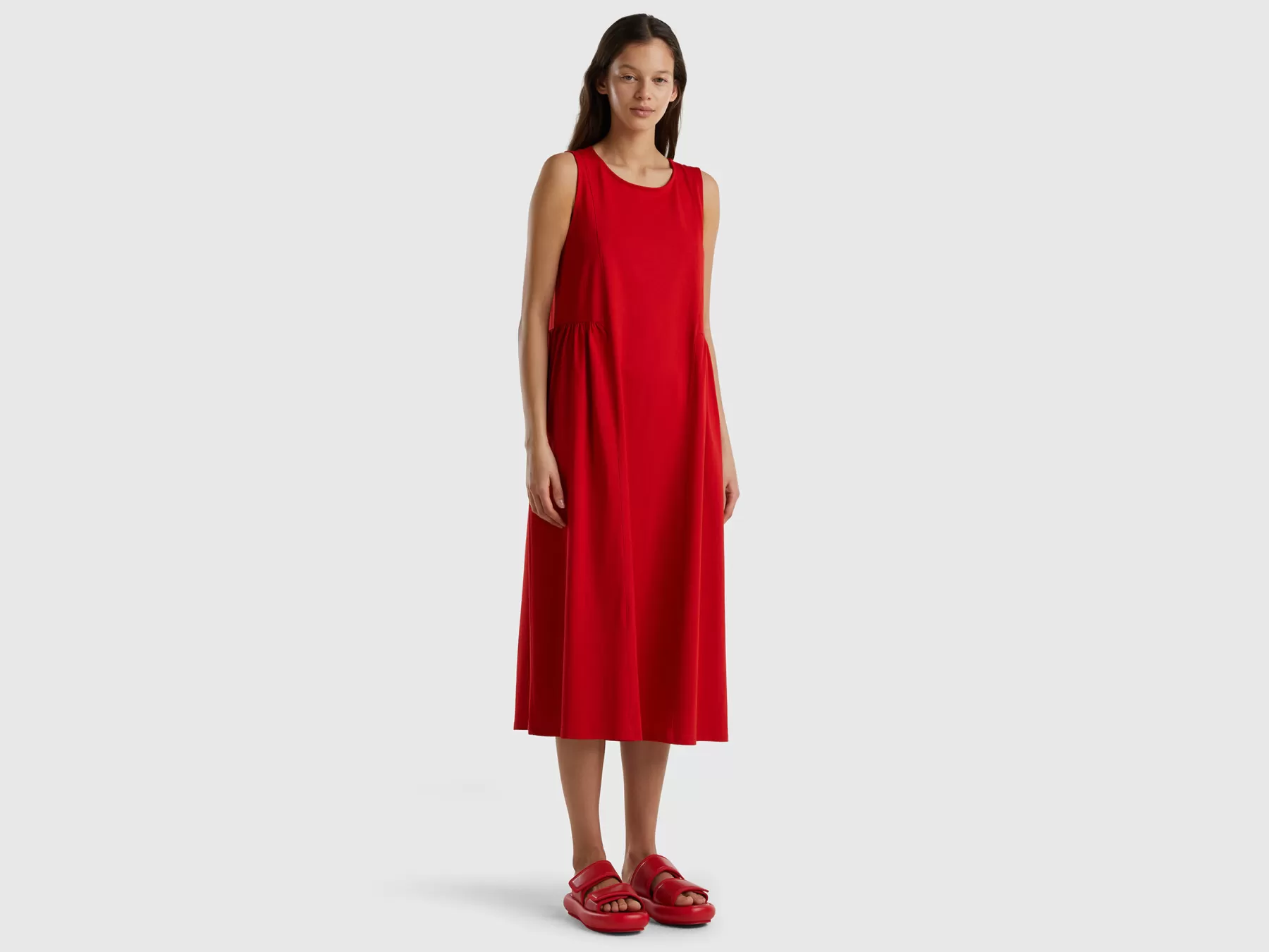 Benetton Abito Lungo In Puro Cotone Rosso Discount