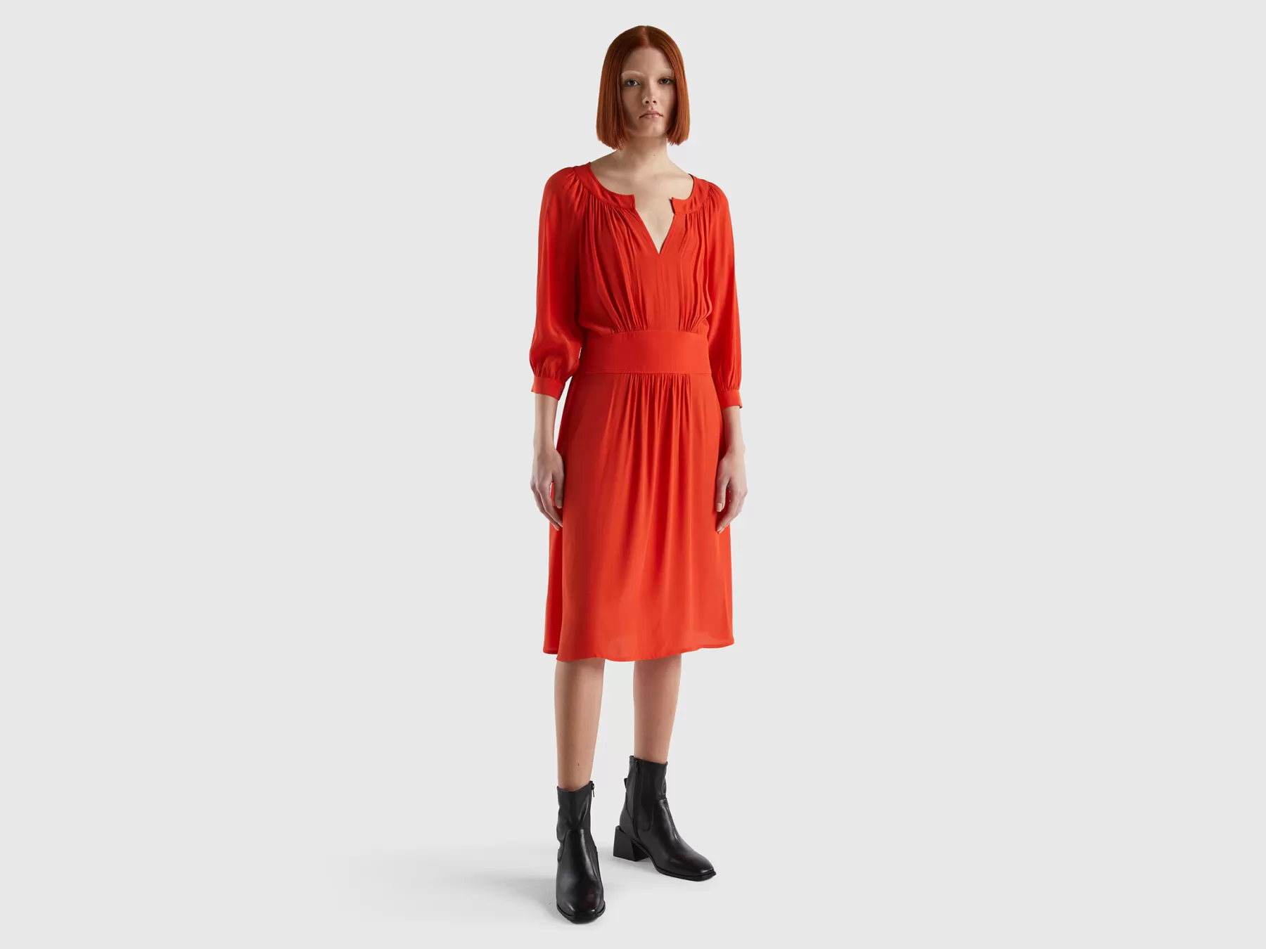 Benetton Abito Scollo A V In Pura Viscosa Rosso Cheap