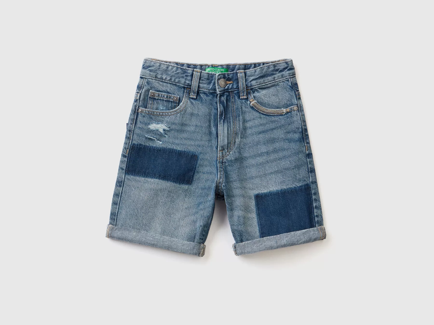 Benetton Bermuda Di Jeans Con Rotture Azzurro Sale