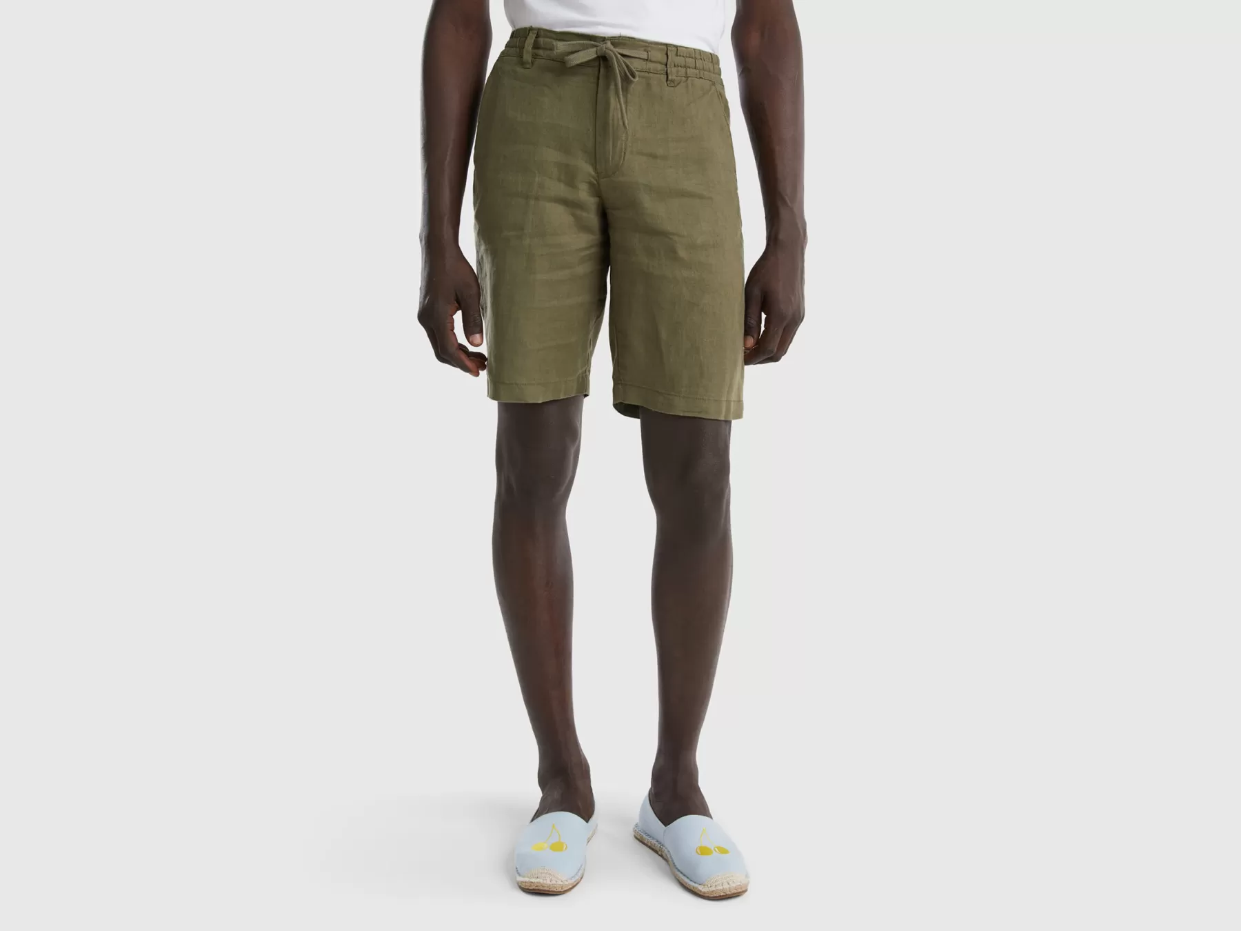 Benetton Bermuda In 100% Lino Verde Militare Flash Sale