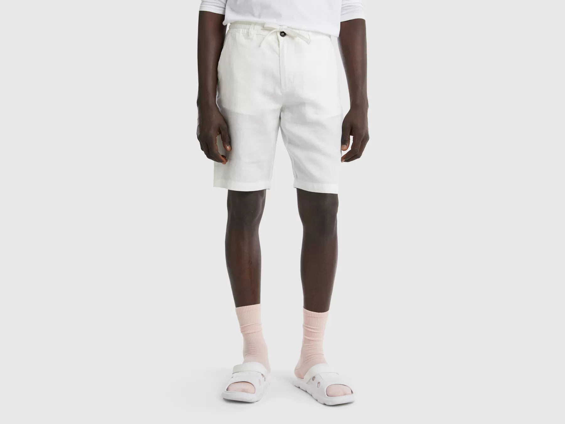 Benetton Bermuda In 100% Lino Bianco Panna Clearance