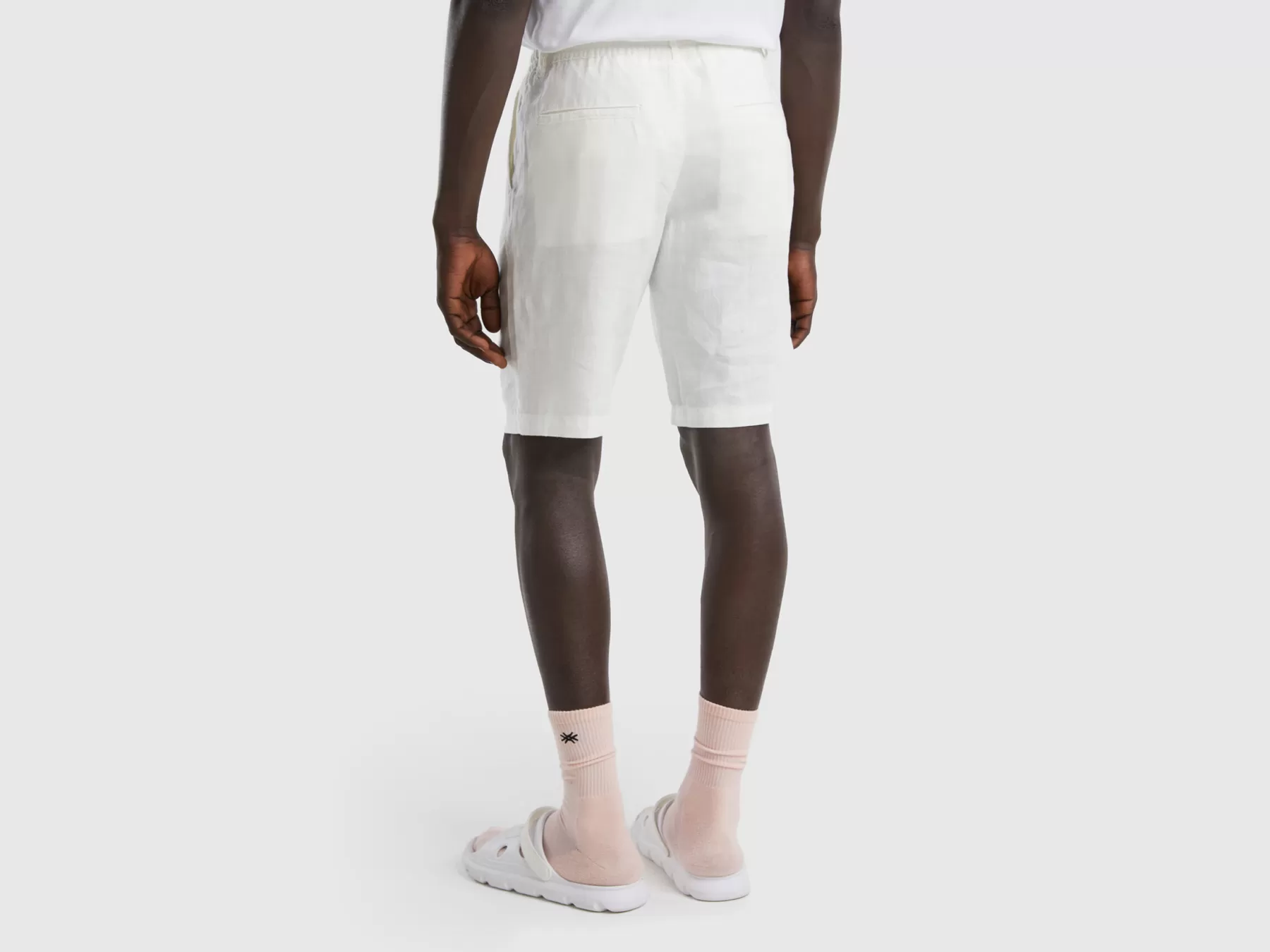 Benetton Bermuda In 100% Lino Bianco Panna Clearance