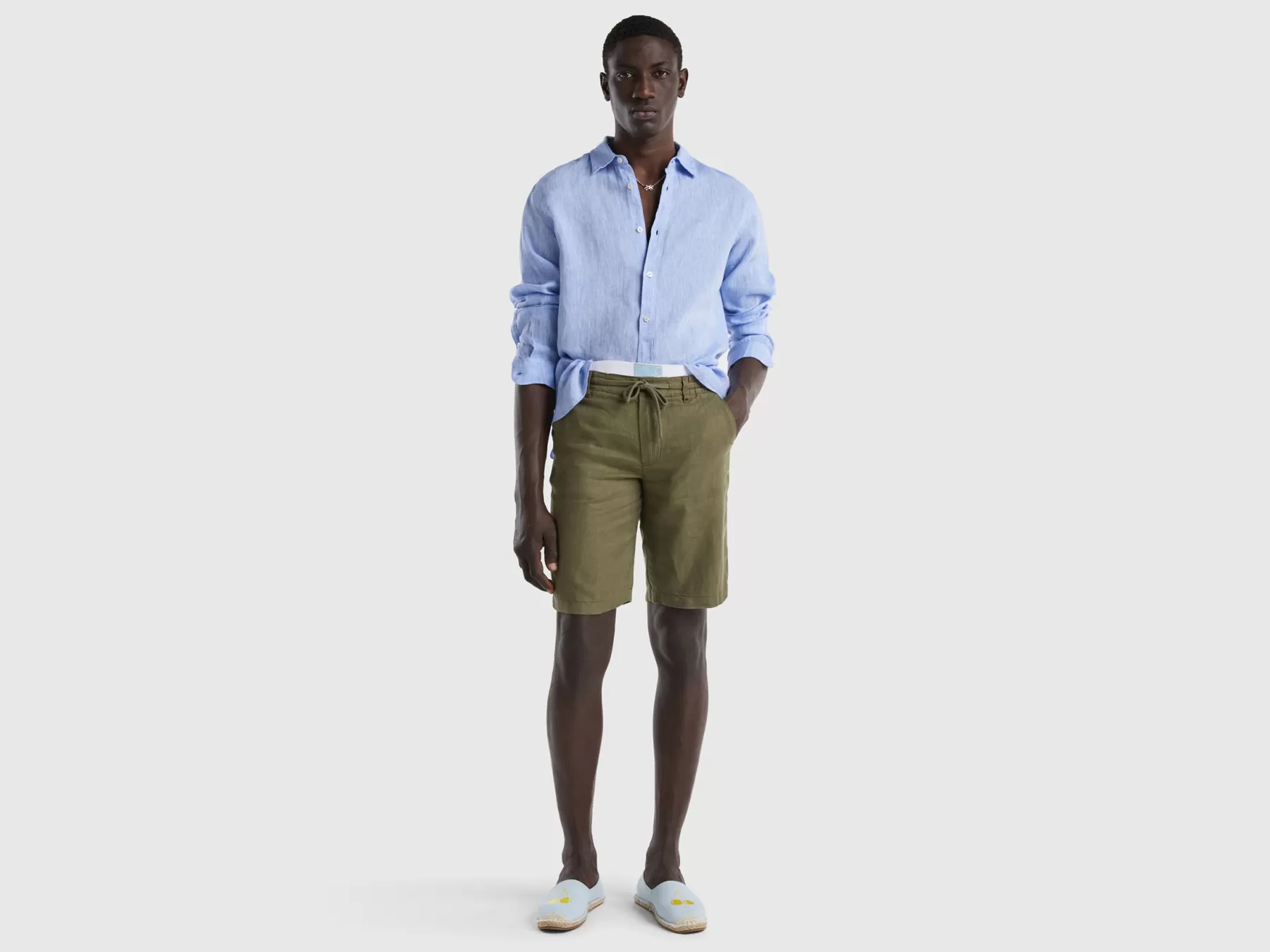 Benetton Bermuda In 100% Lino Verde Militare Flash Sale