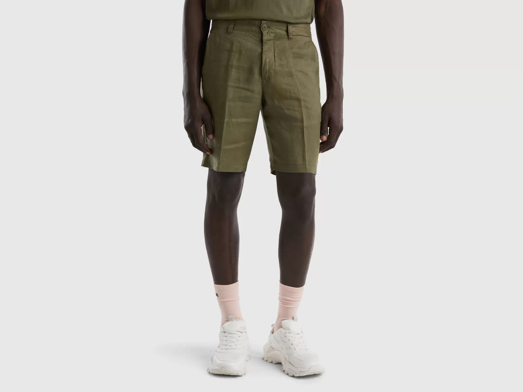 Benetton Bermuda In Puro Lino Verde Militare Fashion