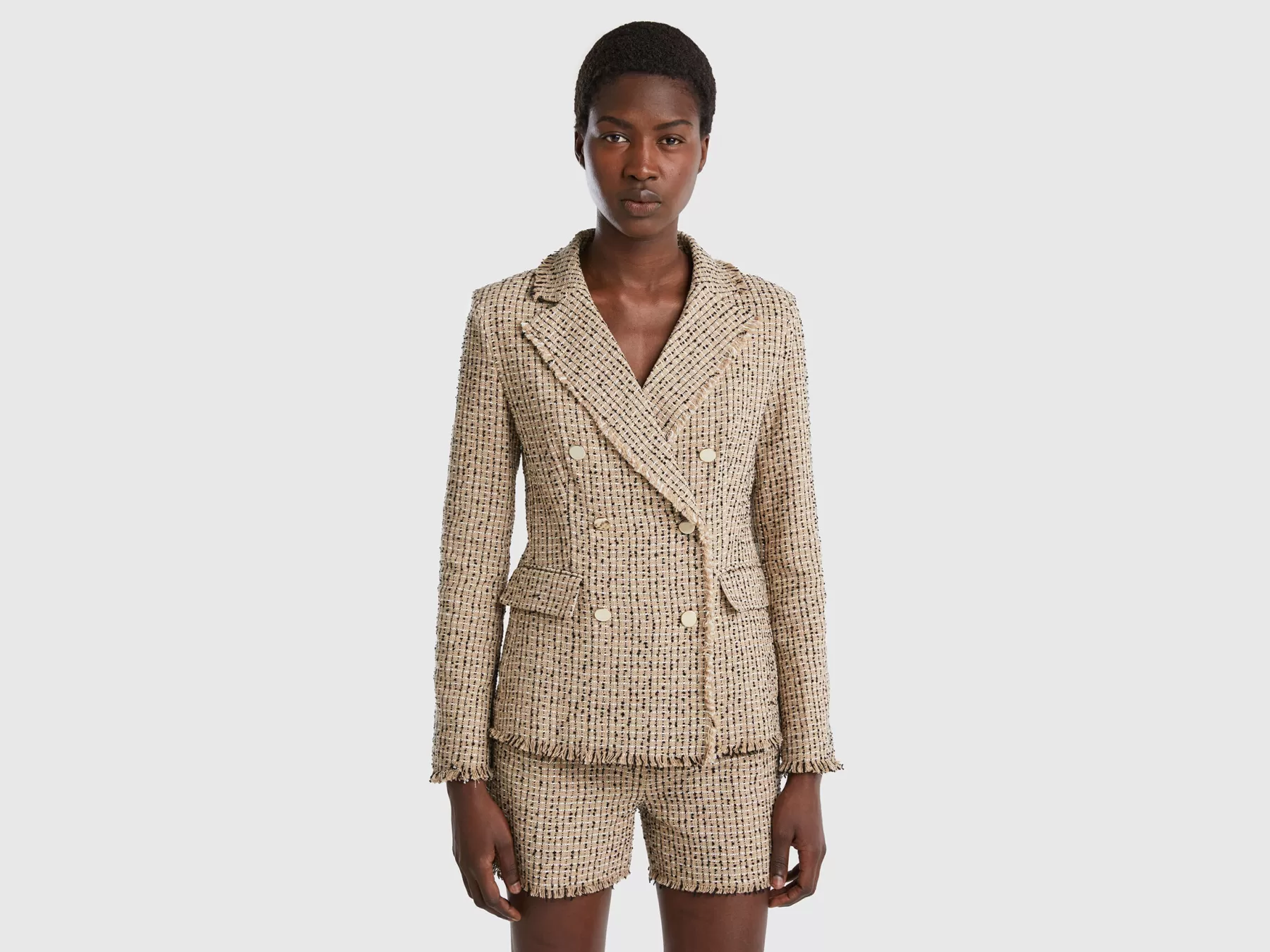 Benetton Blazer Doppiopetto In Tweed Beige Clearance