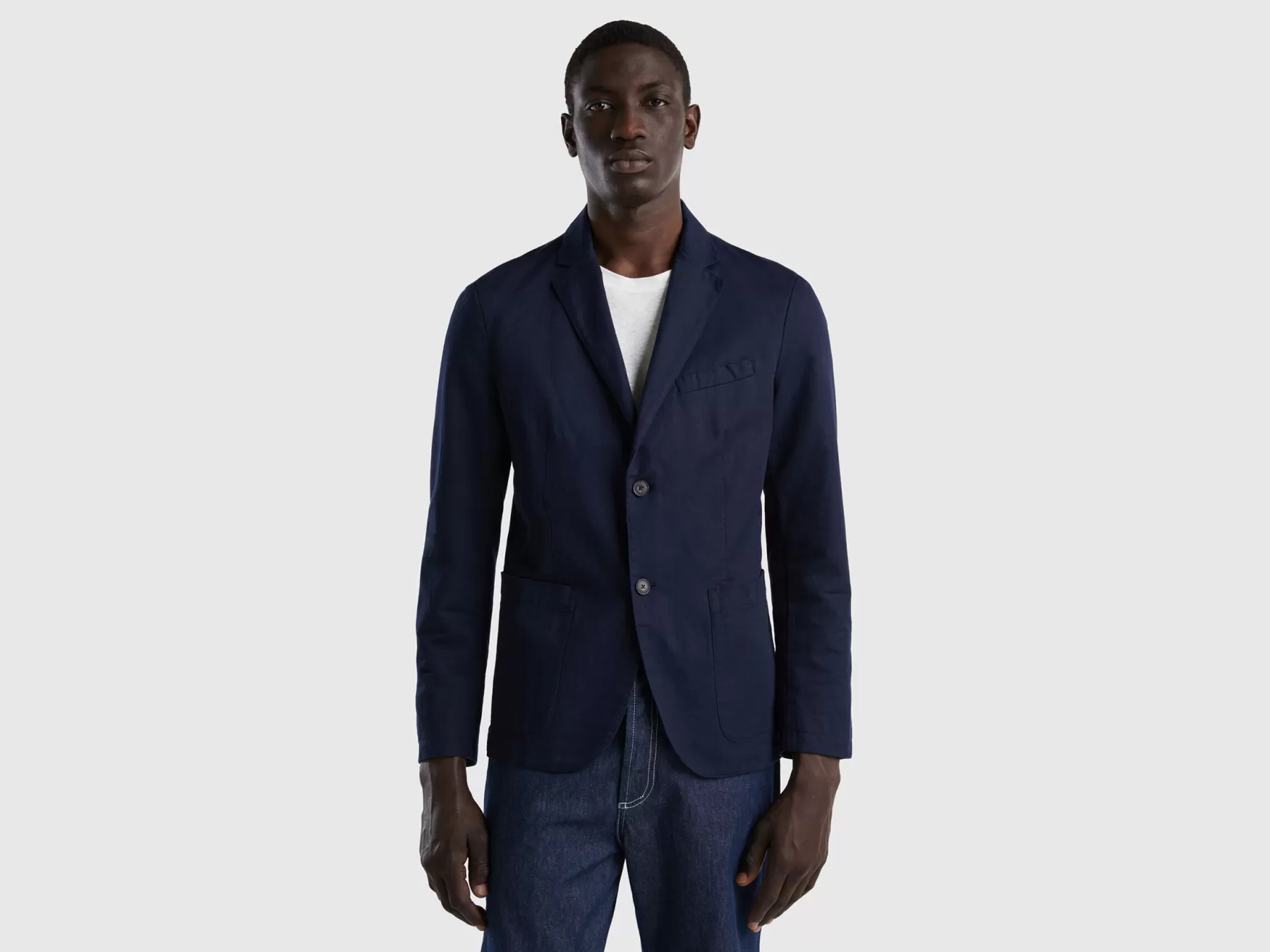 Benetton Blazer In Misto Lino Blu Scuro Cheap