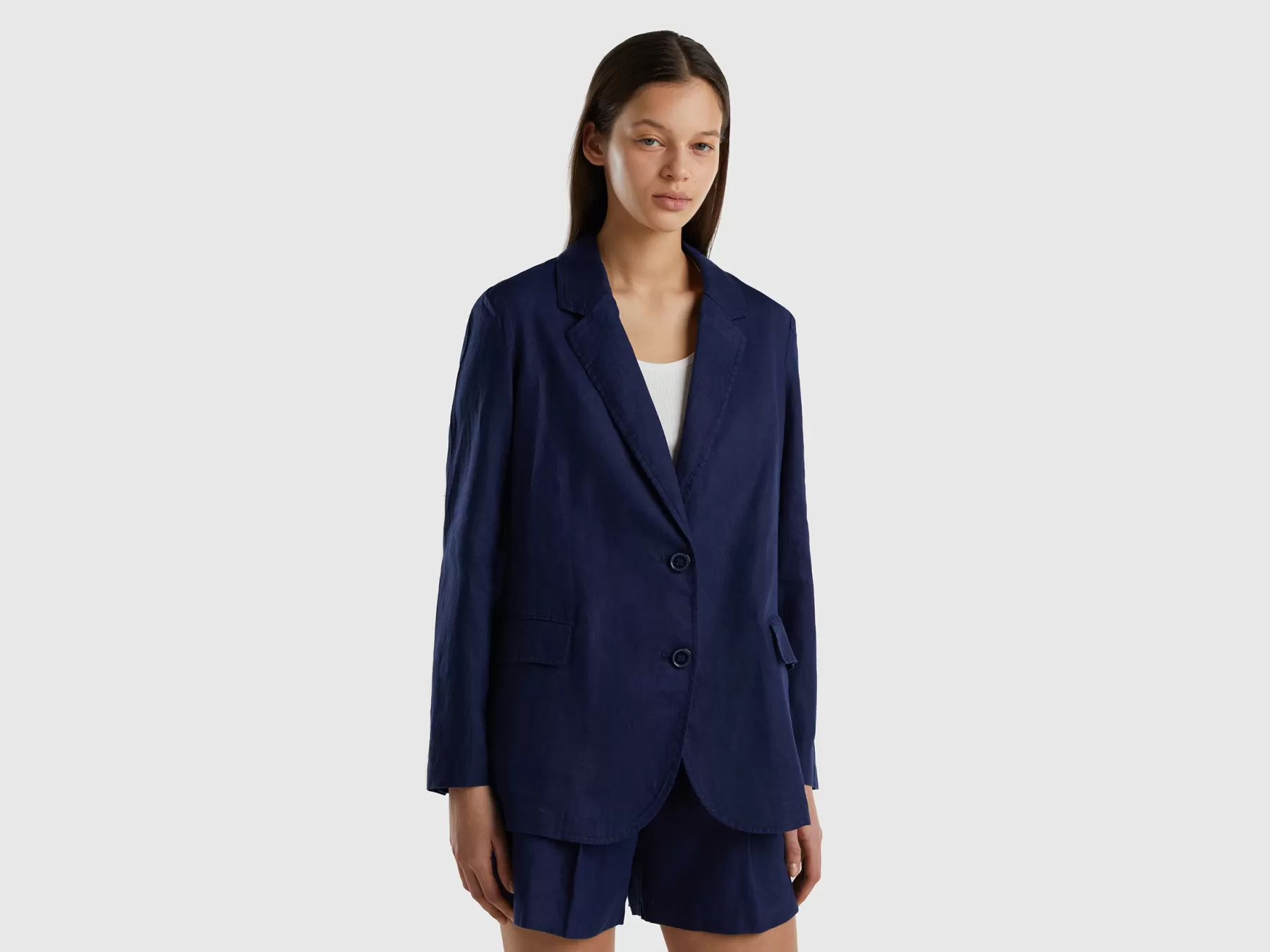 Benetton Blazer In Puro Lino Blu Scuro Store