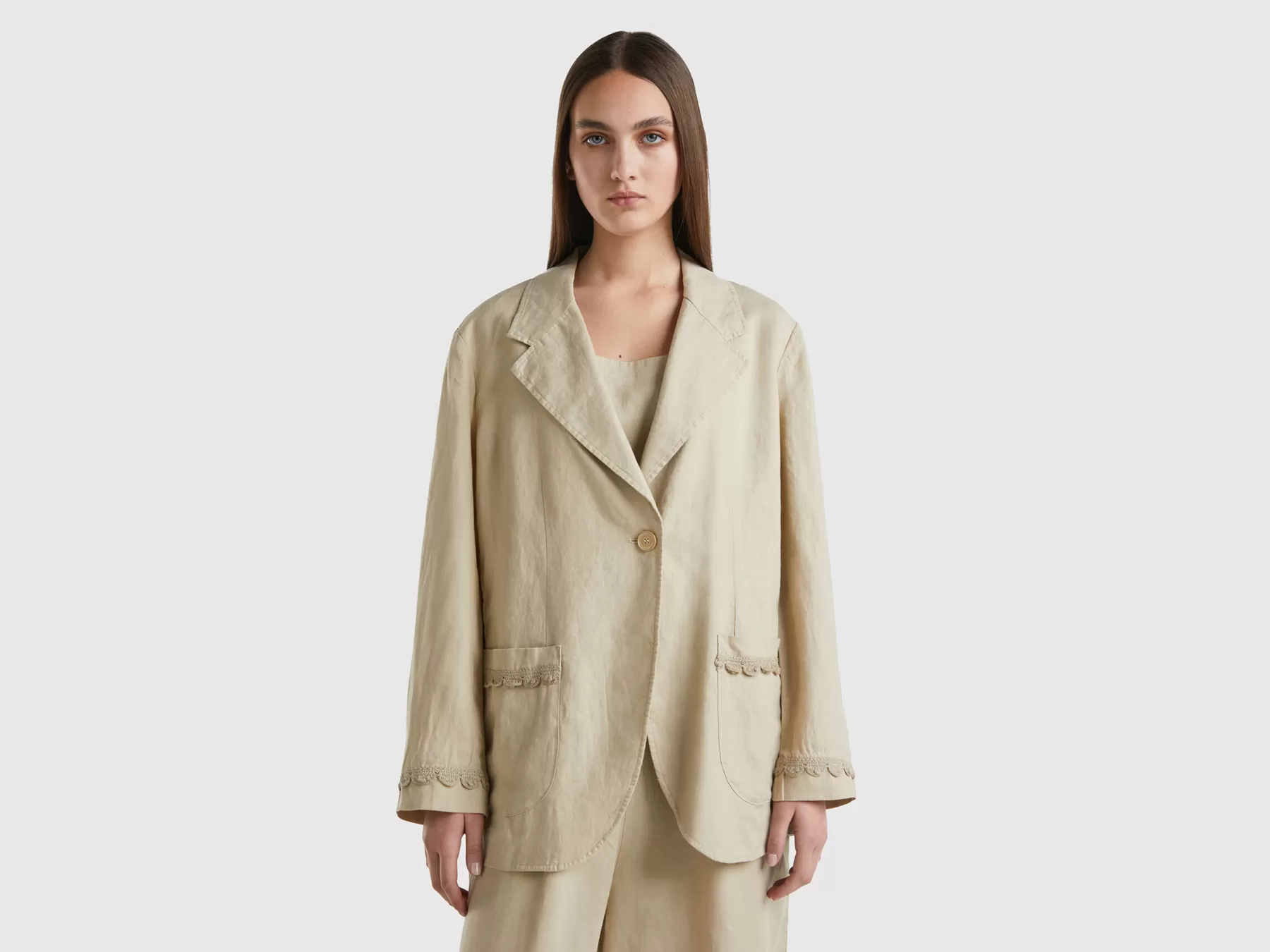 Benetton Blazer Sfoderato In Puro Lino Beige Fashion