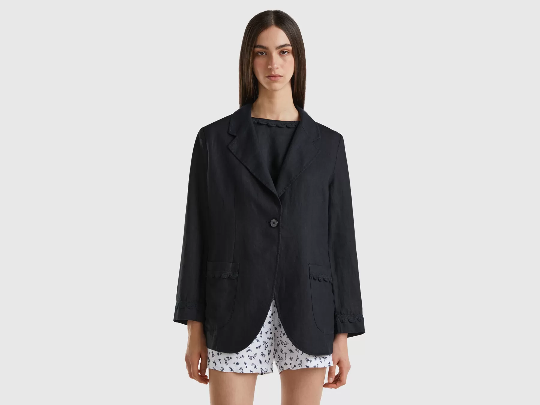 Benetton Blazer Sfoderato In Puro Lino Nero Clearance