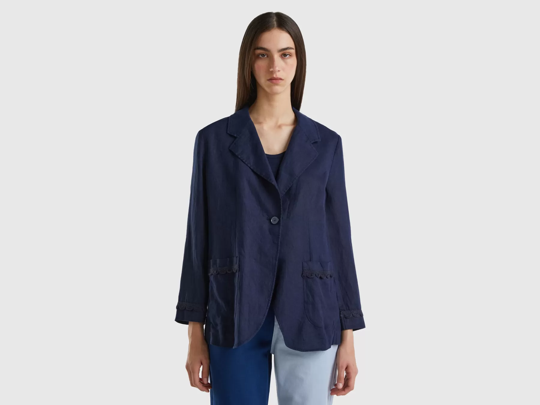 Benetton Blazer Sfoderato In Puro Lino Blu Scuro Best Sale