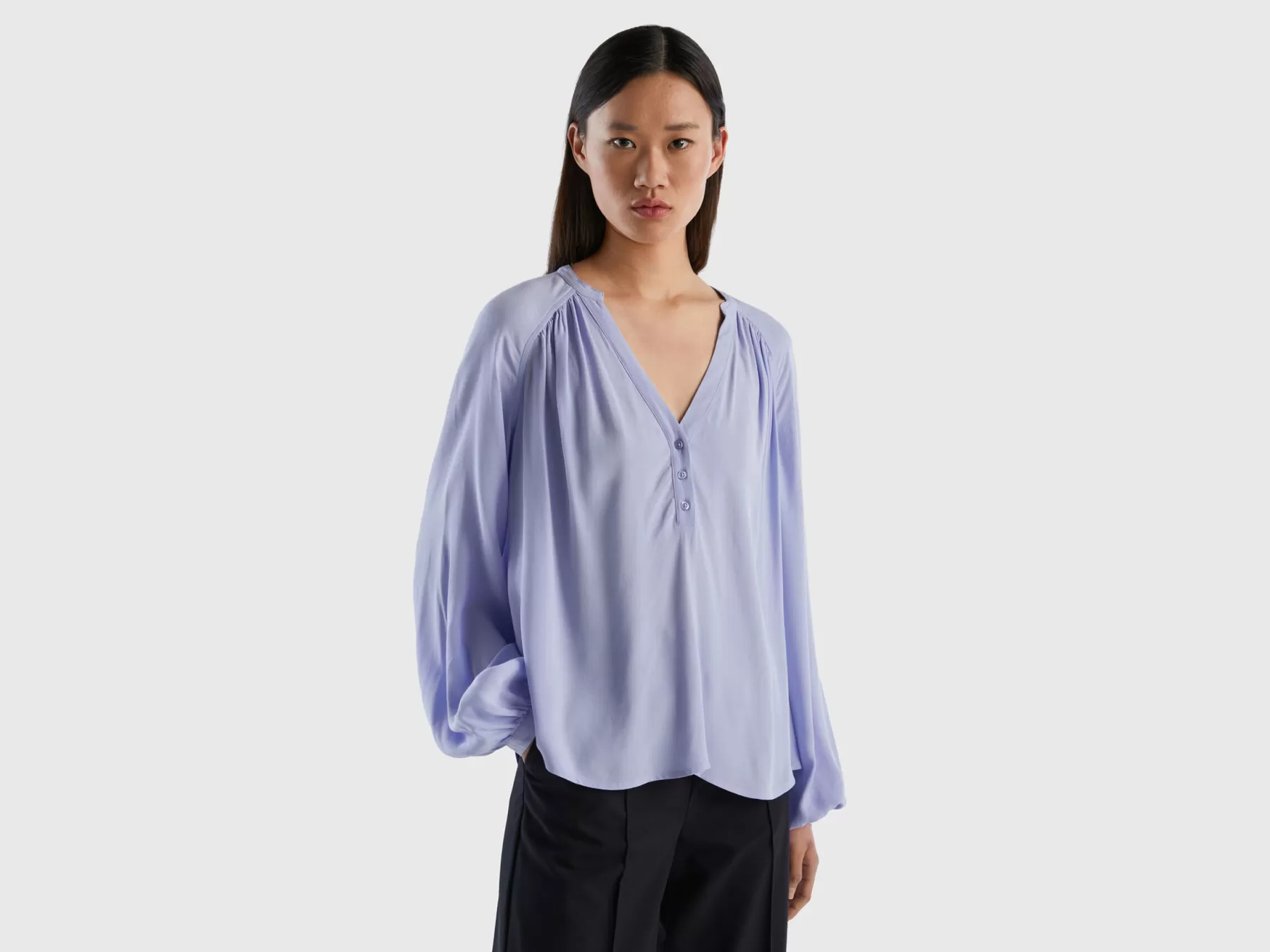 Benetton Blusa A Manica Lunga 100% Viscosa Lavanda Discount