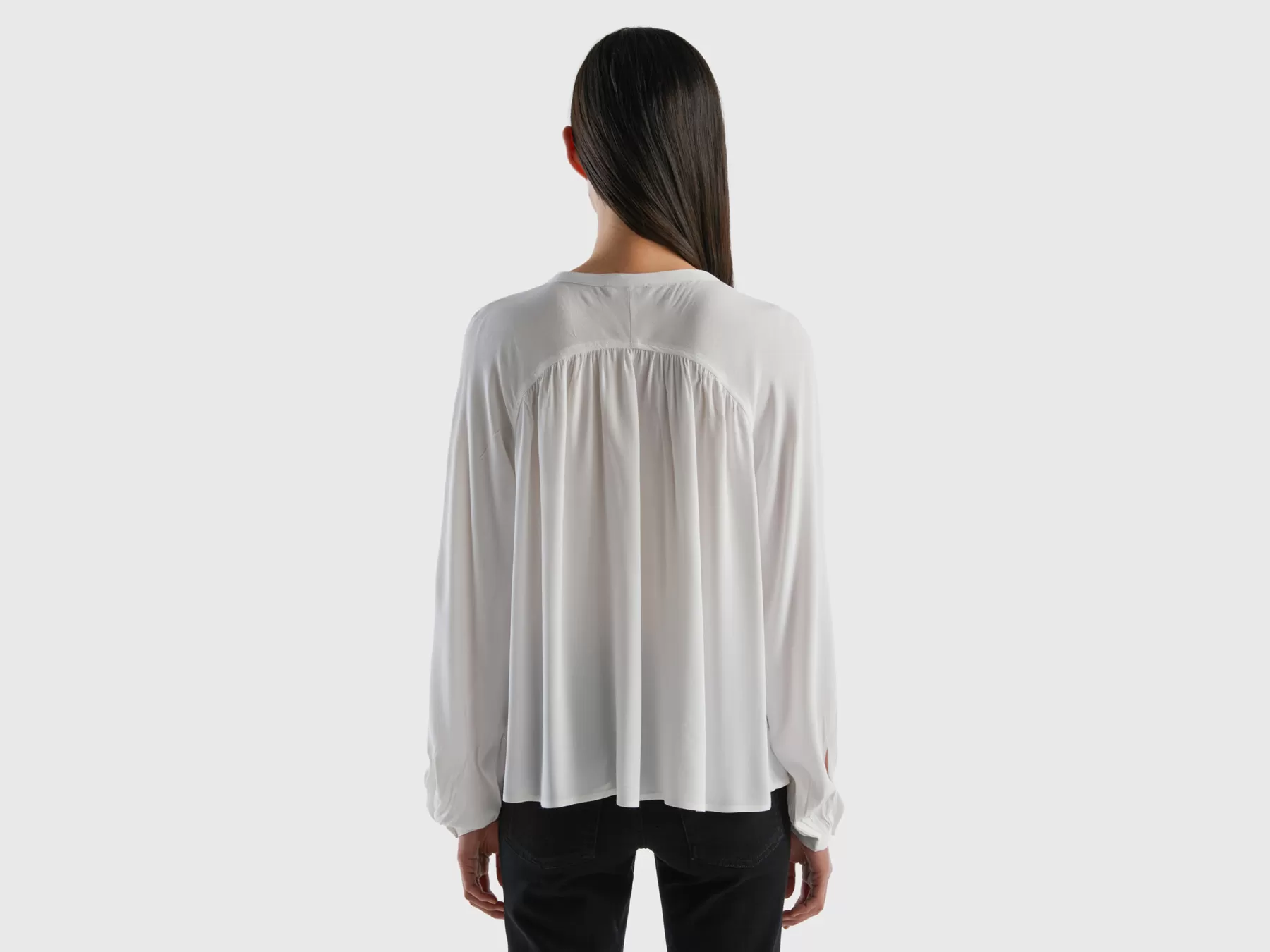 Benetton Blusa A Manica Lunga 100% Viscosa Bianco Best