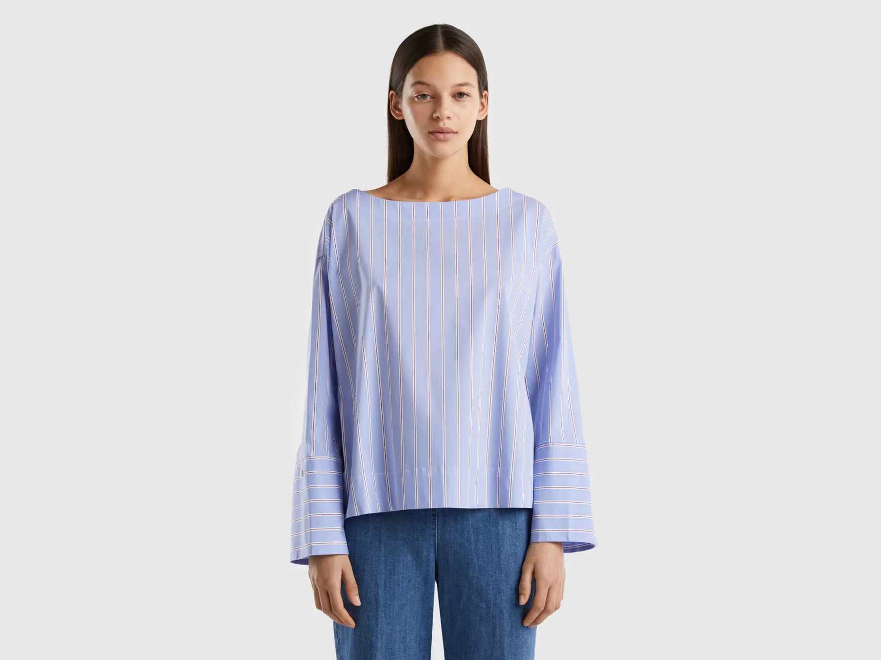 Benetton Blusa A Righe In Misto Cotone Stretch Azzurro Best Sale