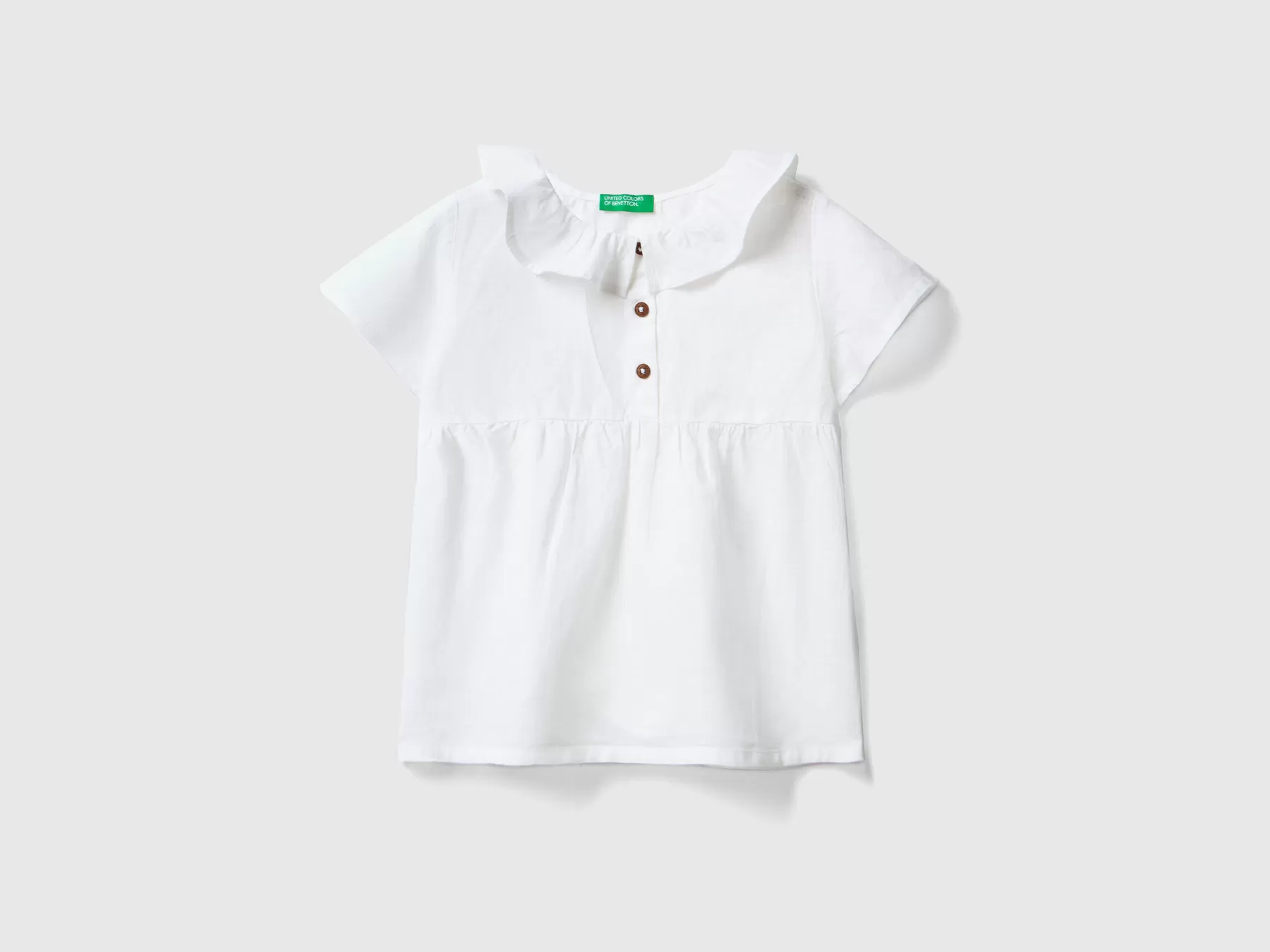 Benetton Blusa Con Colletto Volant In Misto Lino Bianco Hot