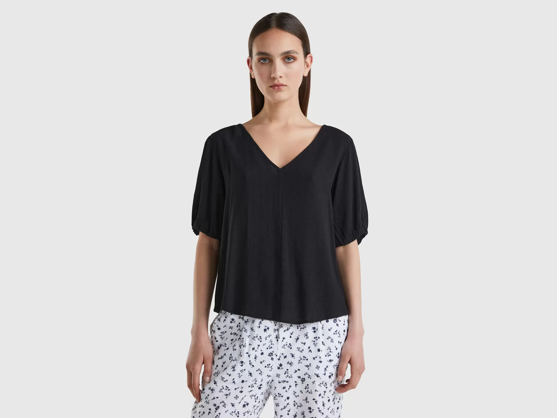 Benetton Blusa Fluida A Manica Corta Nero Clearance