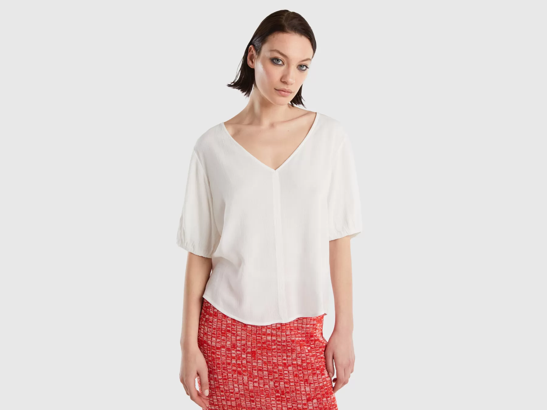 Benetton Blusa Fluida A Manica Corta Bianco Panna Outlet