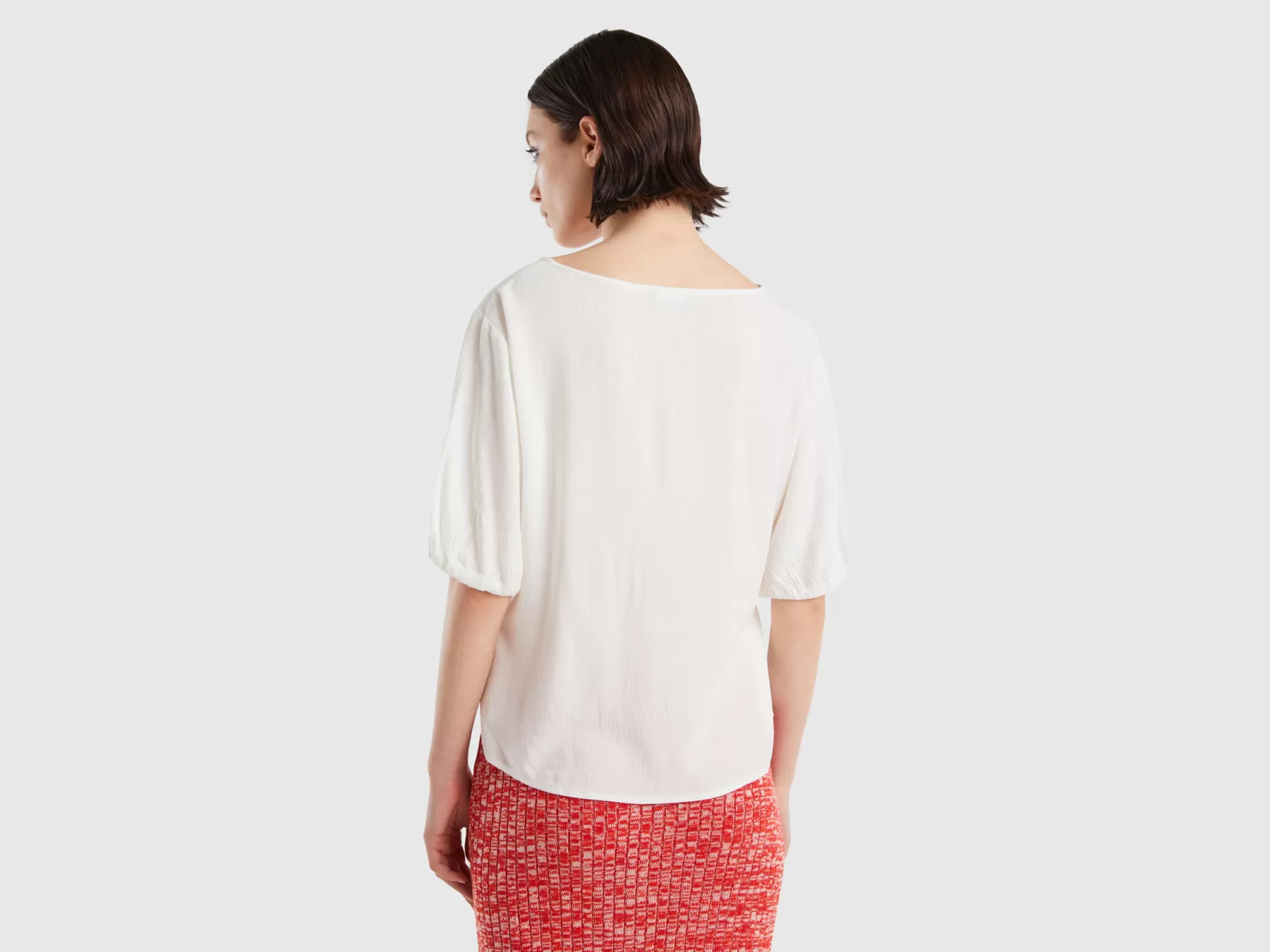 Benetton Blusa Fluida A Manica Corta Bianco Panna Outlet