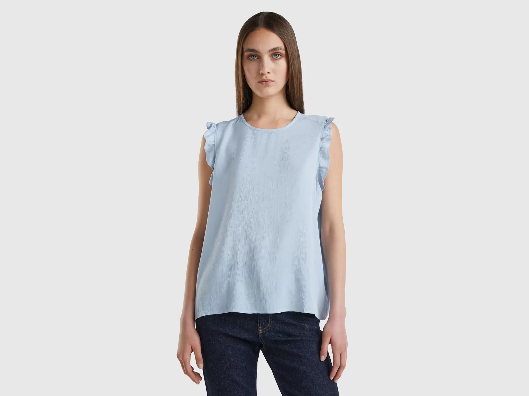 Benetton Blusa Fluida Con Rouches Celeste Fashion