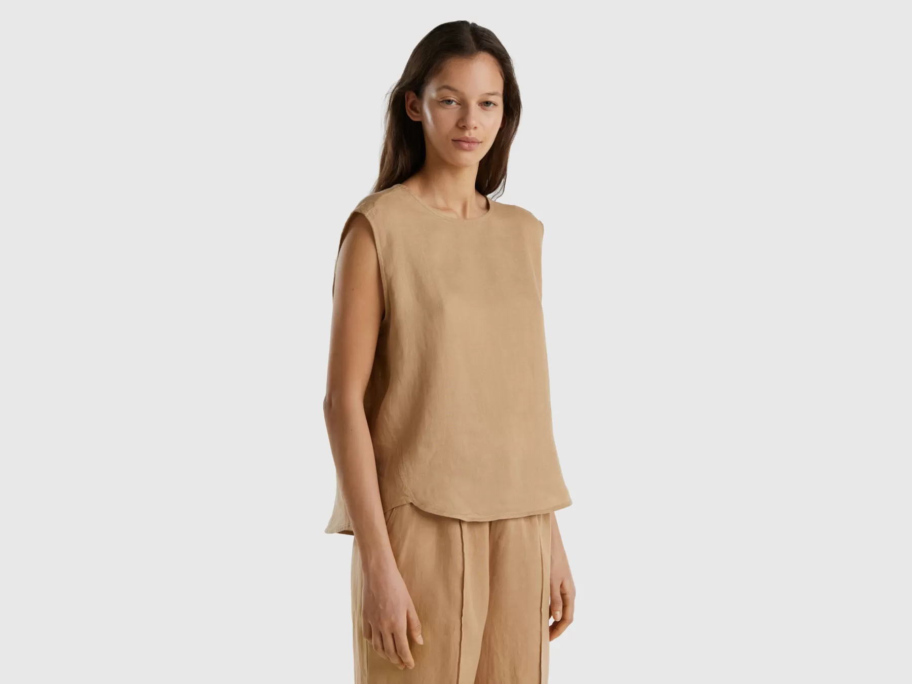 Benetton Blusa Smanicata In Puro Lino Cammello Online