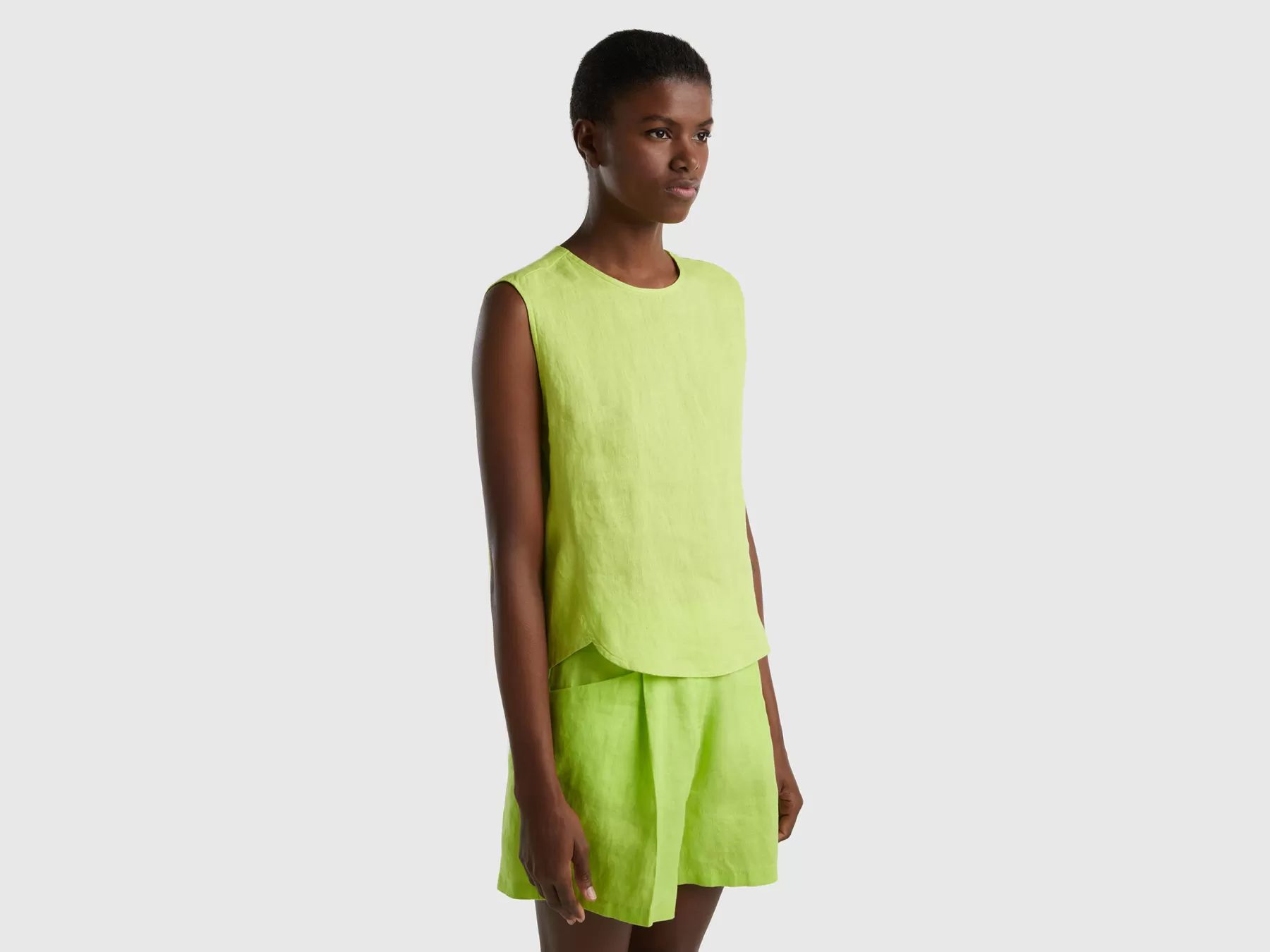 Benetton Blusa Smanicata In Puro Lino Verde Fluo Sale