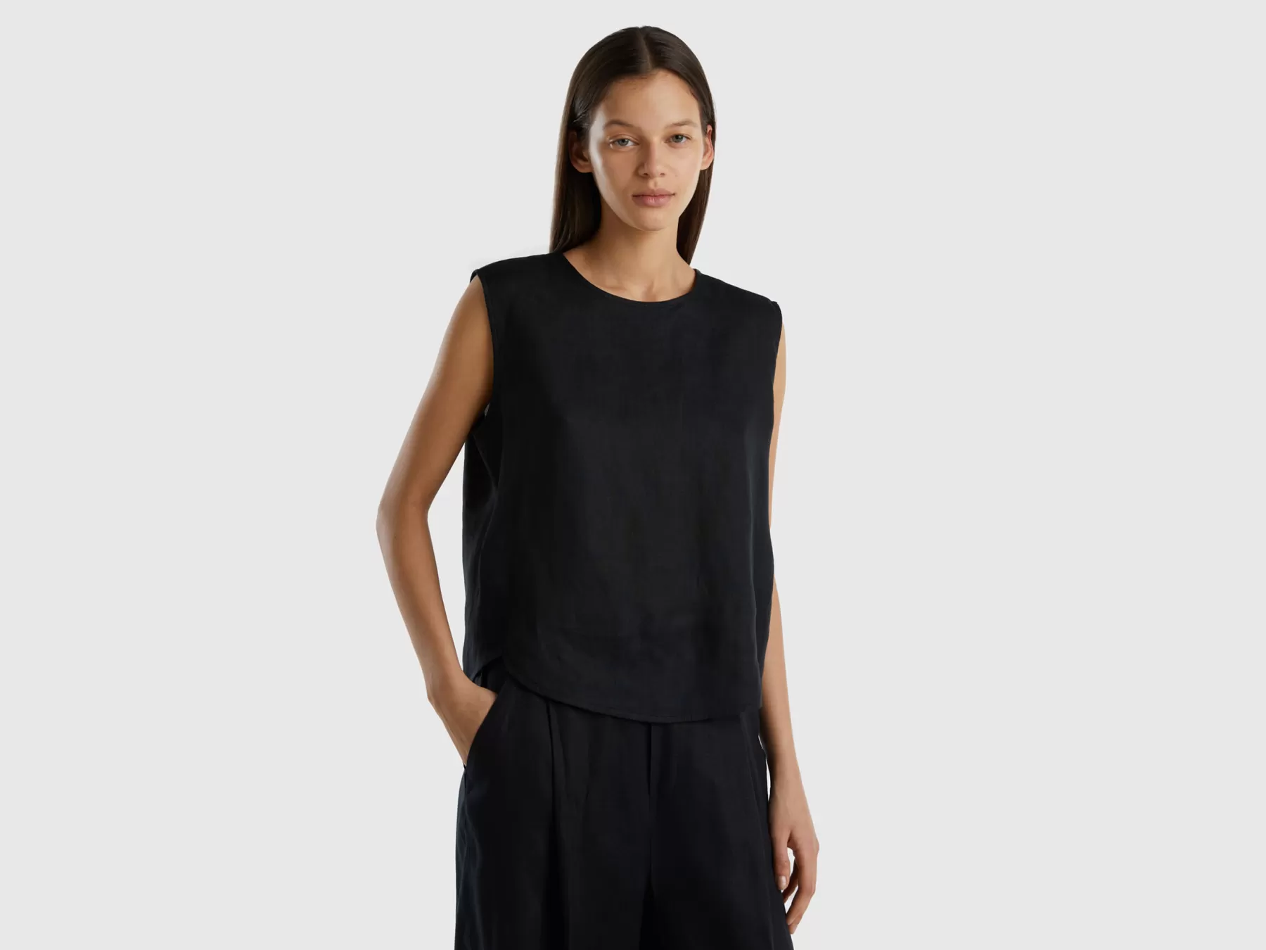 Benetton Blusa Smanicata In Puro Lino Nero New