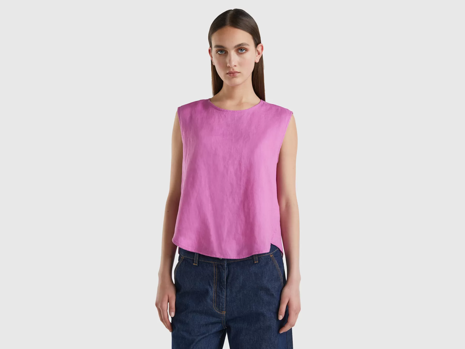 Benetton Blusa Smanicata In Puro Lino Rosa Sale