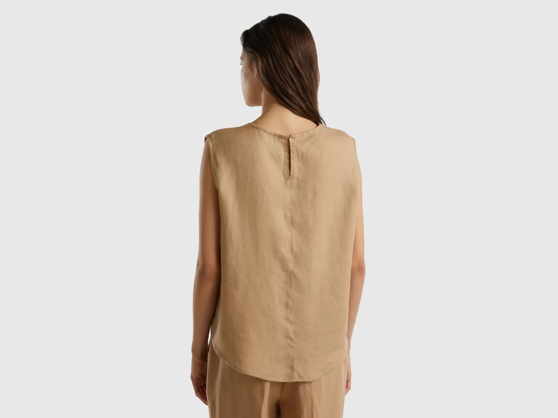 Benetton Blusa Smanicata In Puro Lino Cammello Online