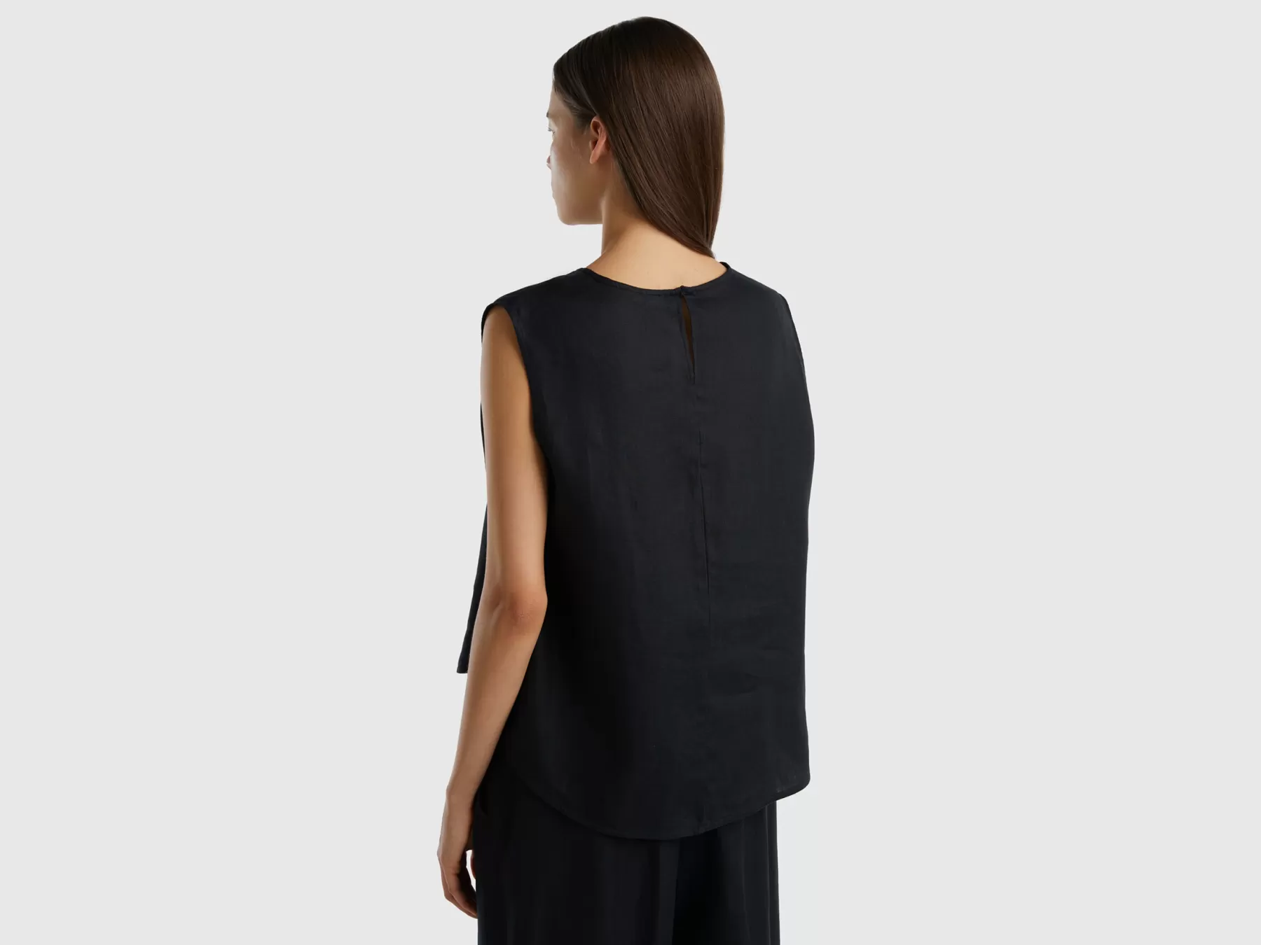 Benetton Blusa Smanicata In Puro Lino Nero New