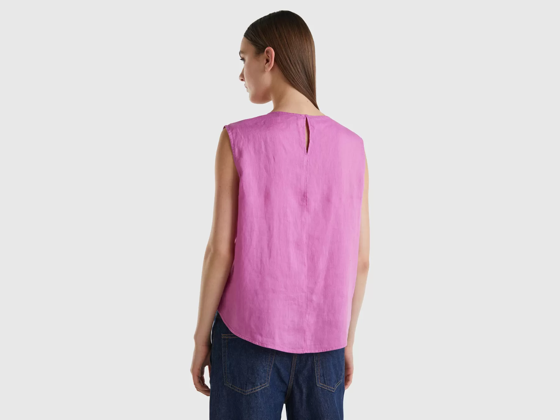 Benetton Blusa Smanicata In Puro Lino Rosa Sale