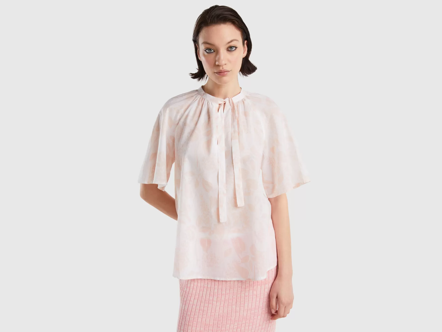 Benetton Blusa Stampata Con Fiocco Rosa Tenue Cheap