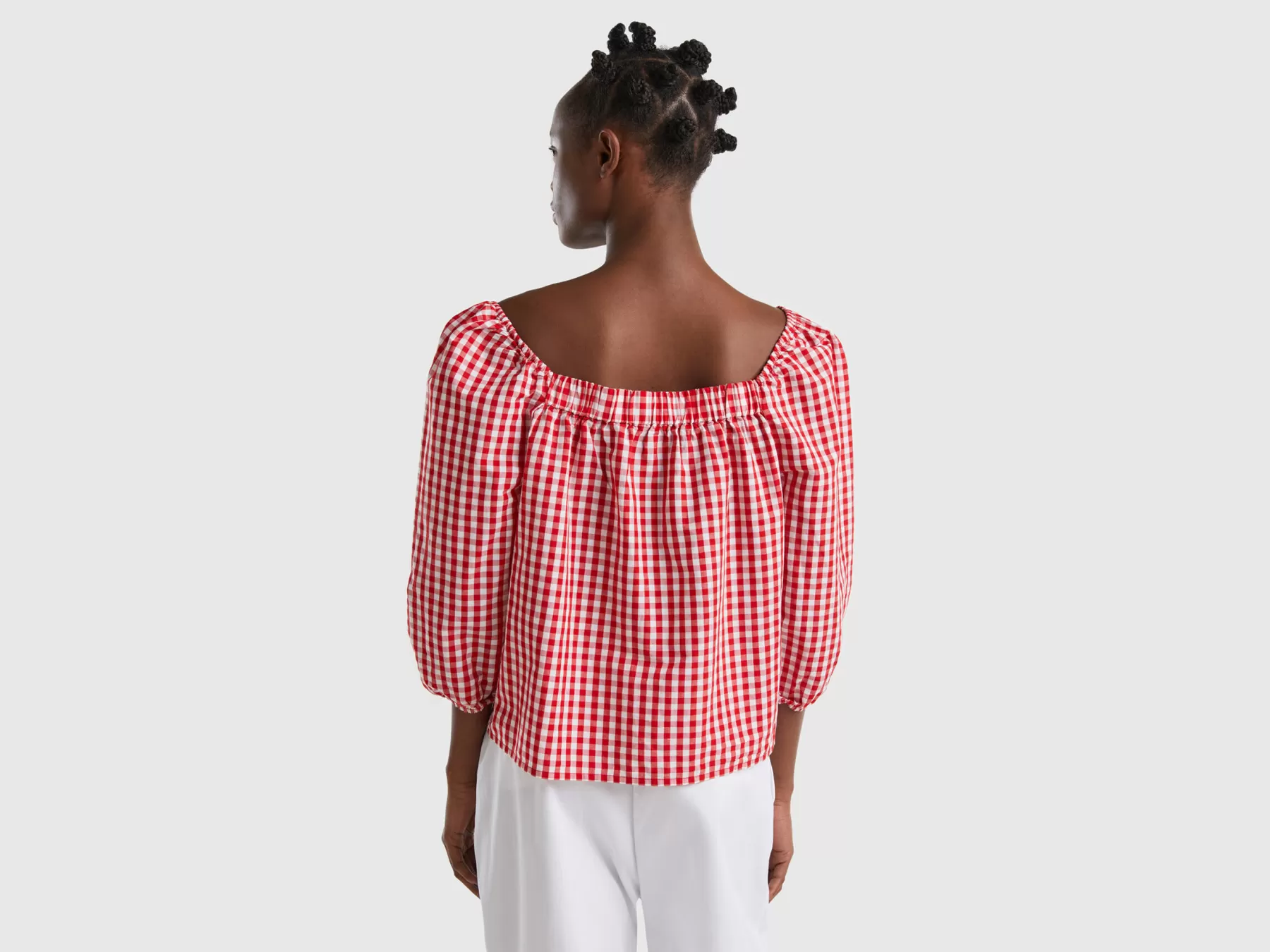 Benetton Blusa Vichy In Misto Lino Rosso Best Sale