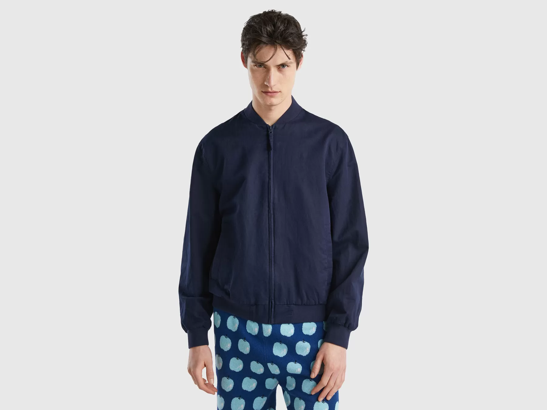 Benetton Bomber In Misto Lino Blu Scuro Cheap