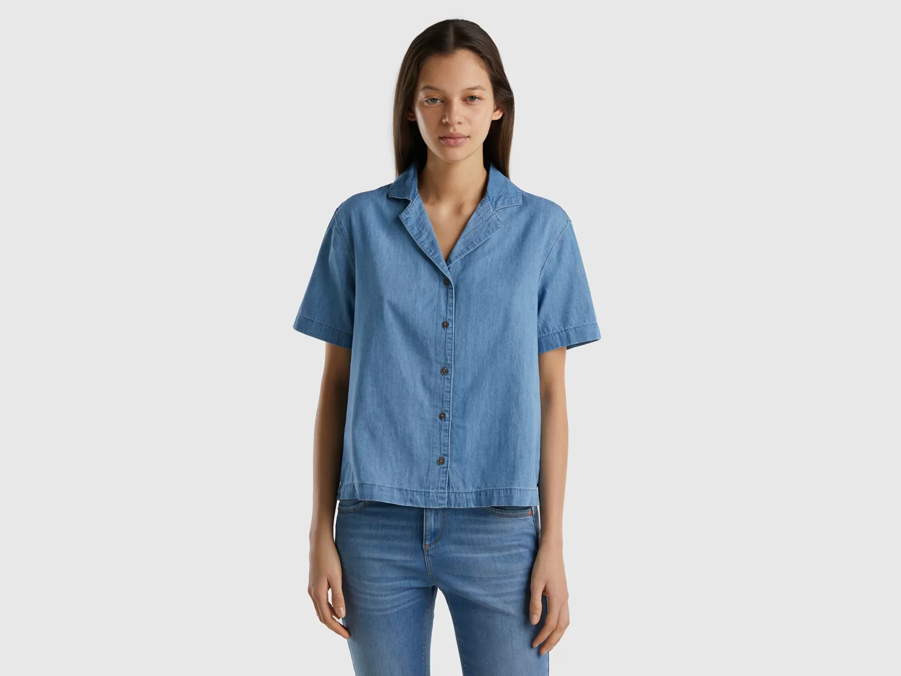 Benetton Camicetta In Chambray Azzurro New