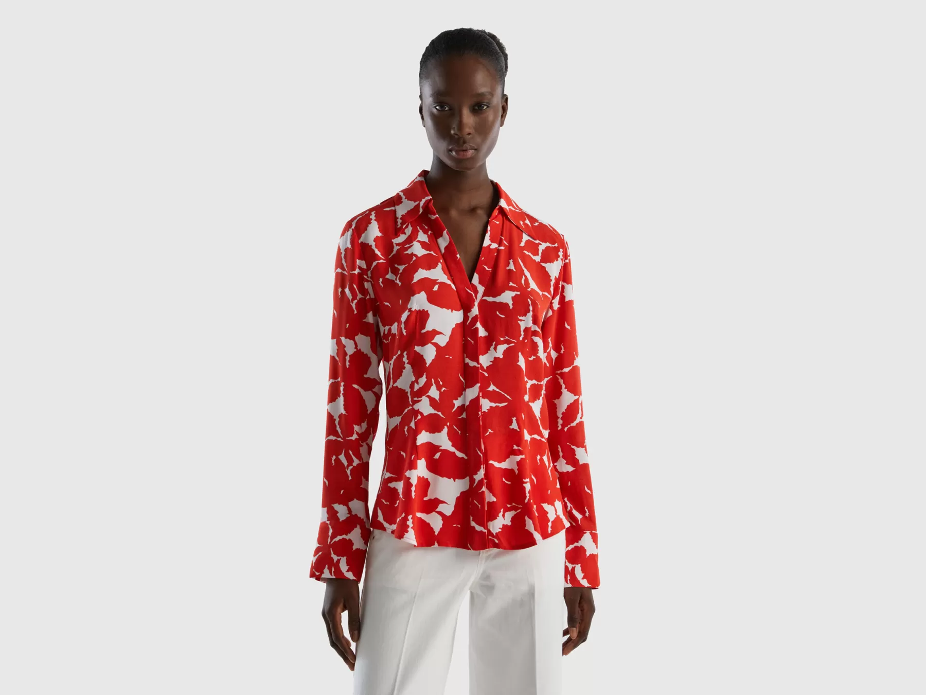 Benetton Camicia A Fiori In Pura Viscosa Rosso Best Sale