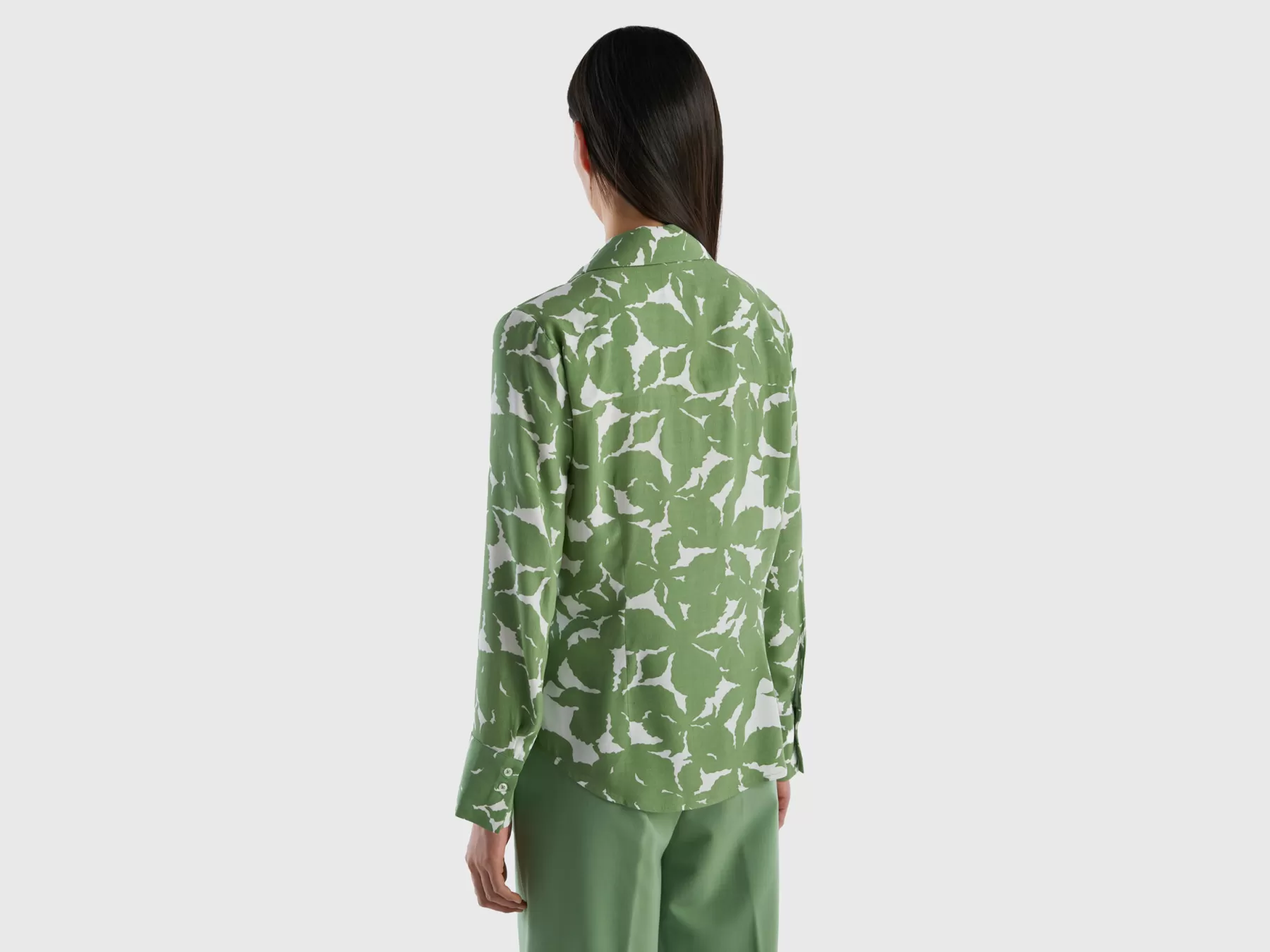 Benetton Camicia A Fiori In Pura Viscosa Verde Clearance