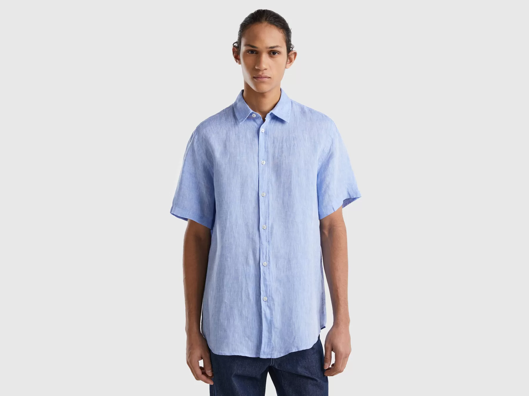 Benetton Camicia A Manica Corta 100% Lino Azzurro Cheap