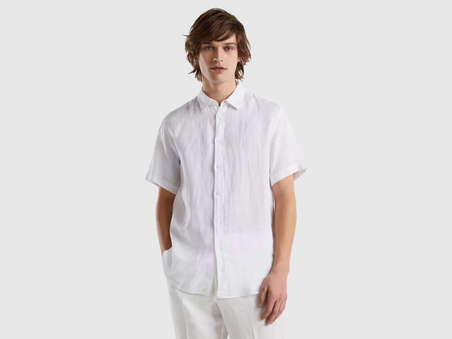 Benetton Camicia A Manica Corta 100% Lino Bianco Fashion