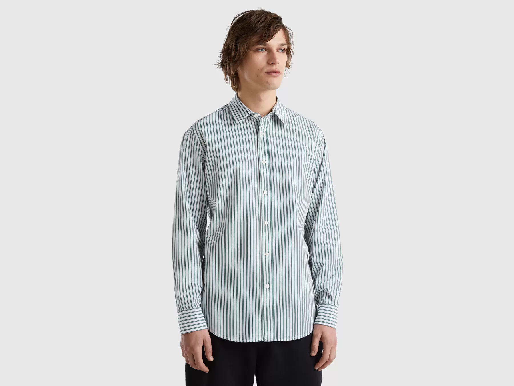 Benetton Camicia A Righe 100% Cotone Bio Verde Cheap