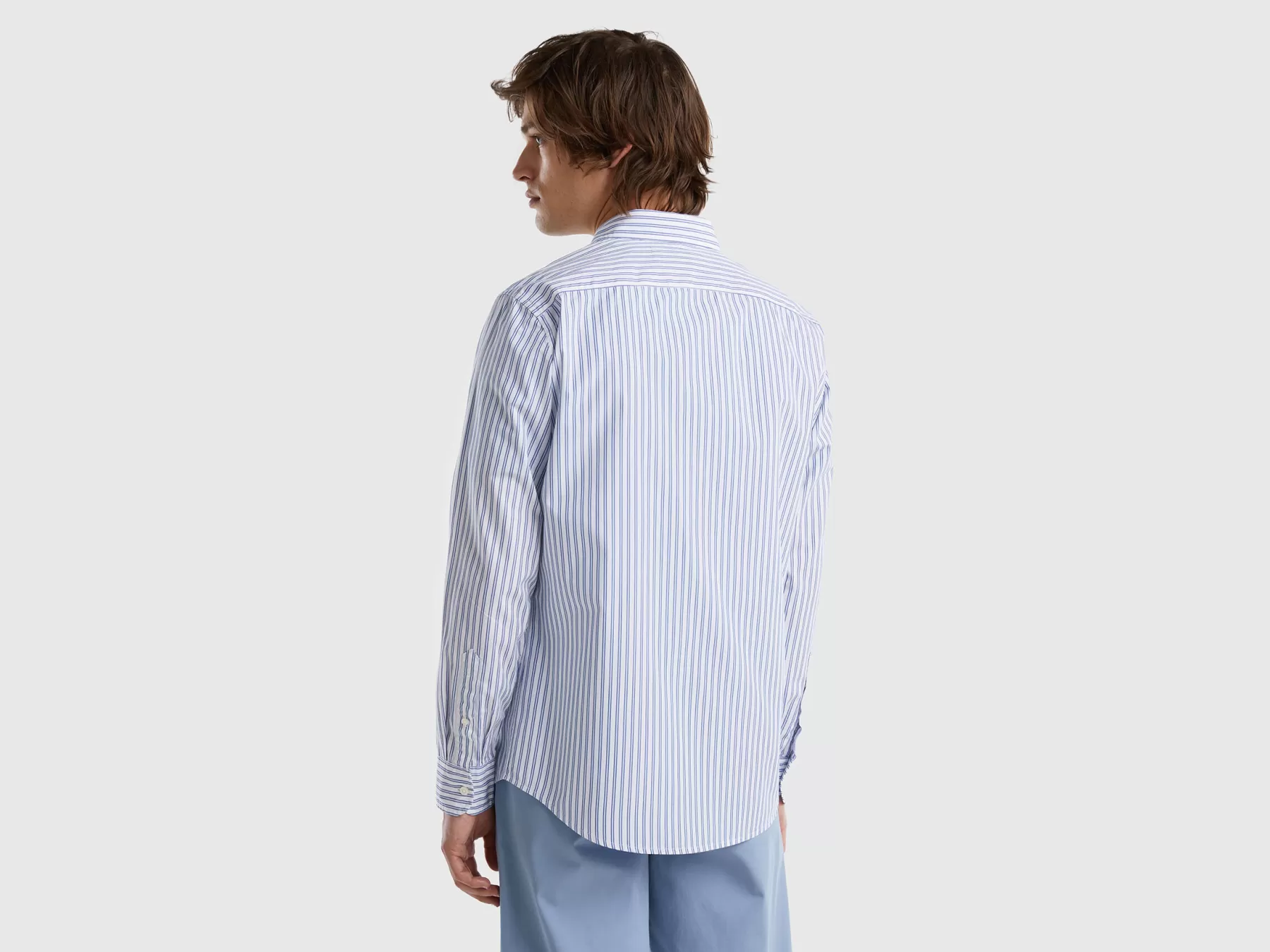 Benetton Camicia A Righe 100% Cotone Bio Azzurro Best Sale