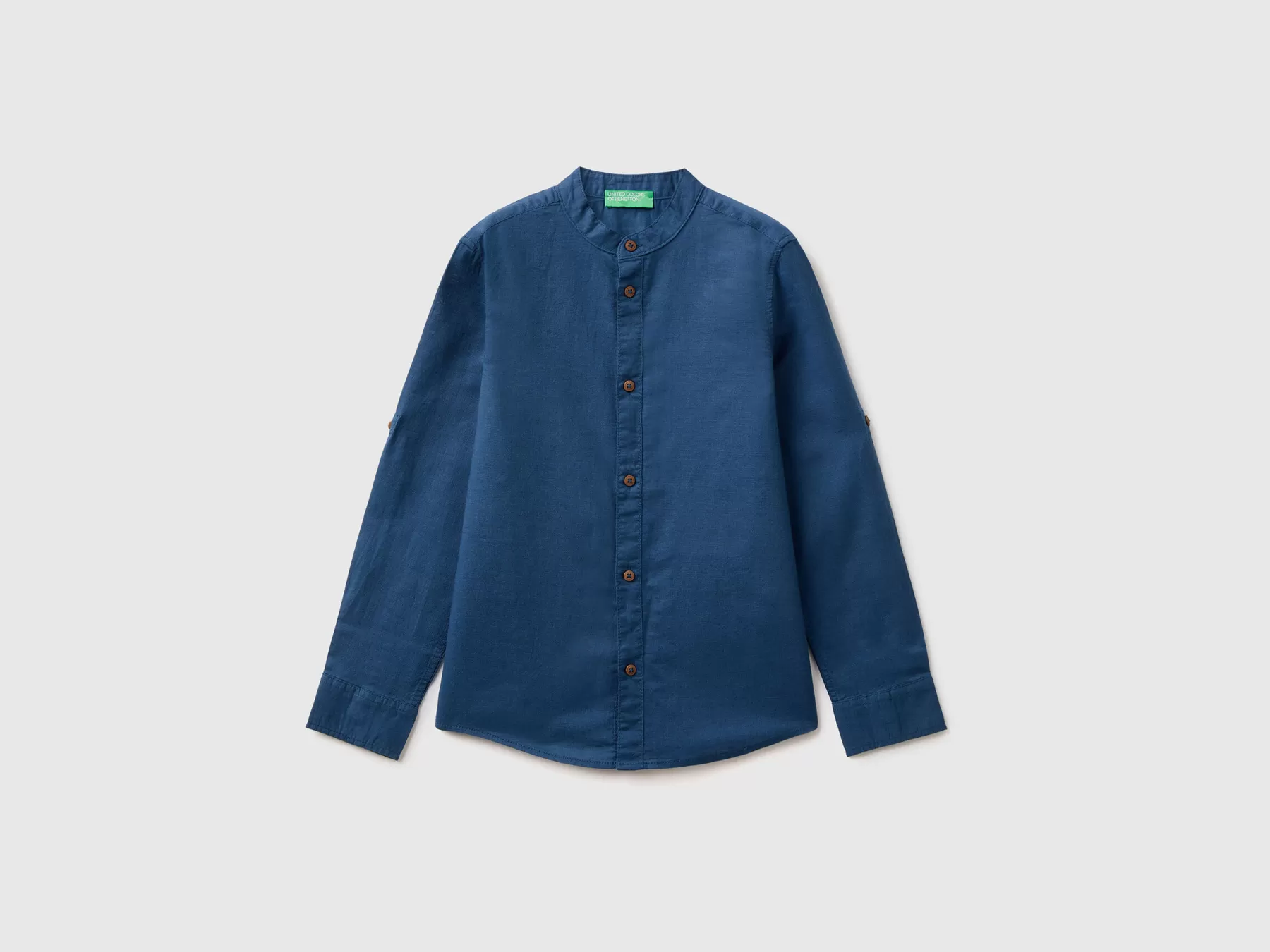 Benetton Camicia Alla Coreana In Misto Lino Blu Flash Sale