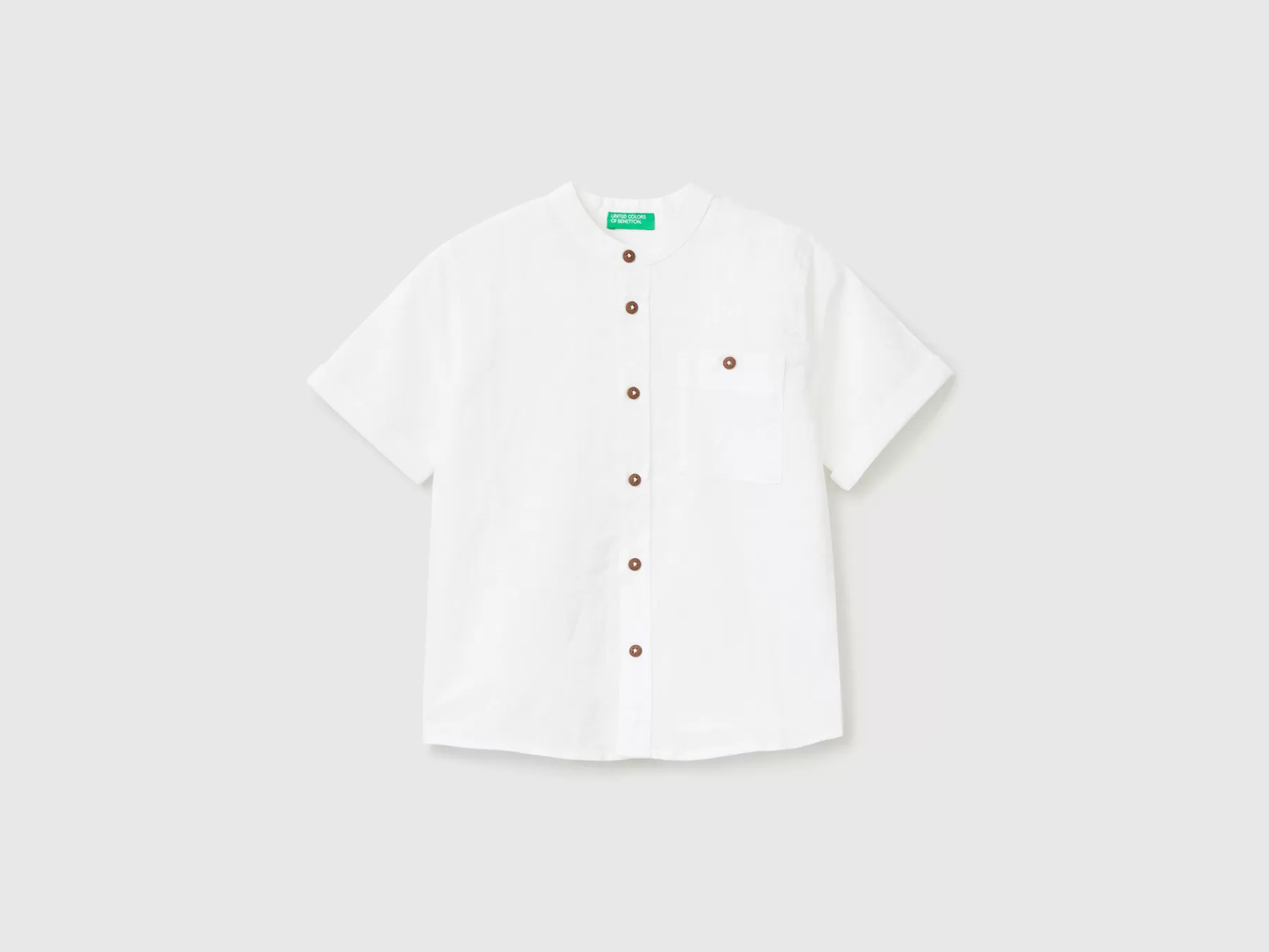 Benetton Camicia Alla Coreana In Misto Lino Bianco New