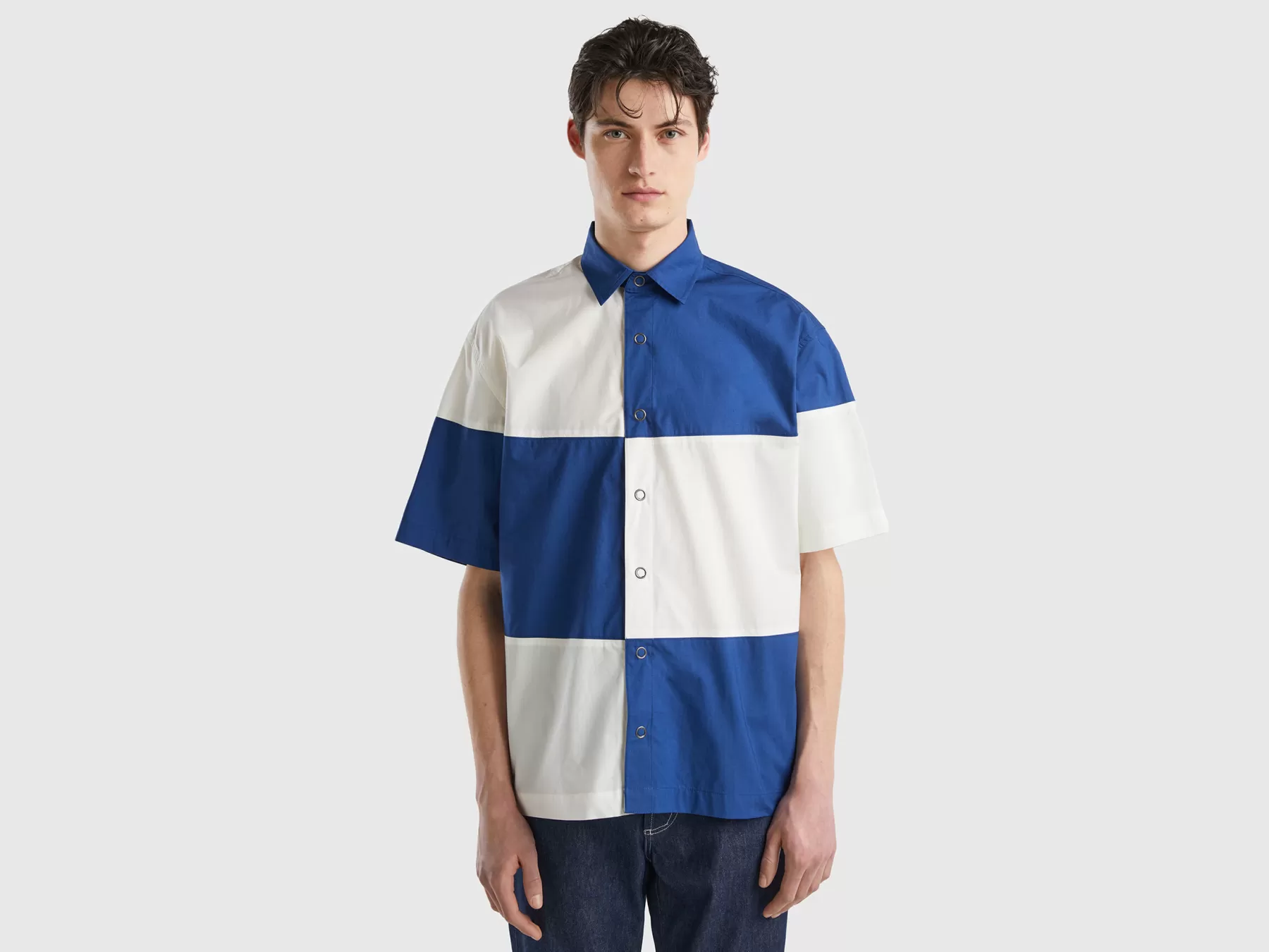 Benetton Camicia Color Block Blu Best Sale