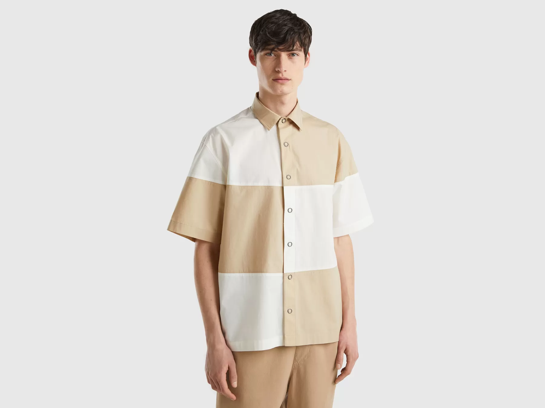 Benetton Camicia Color Block Beige Cheap