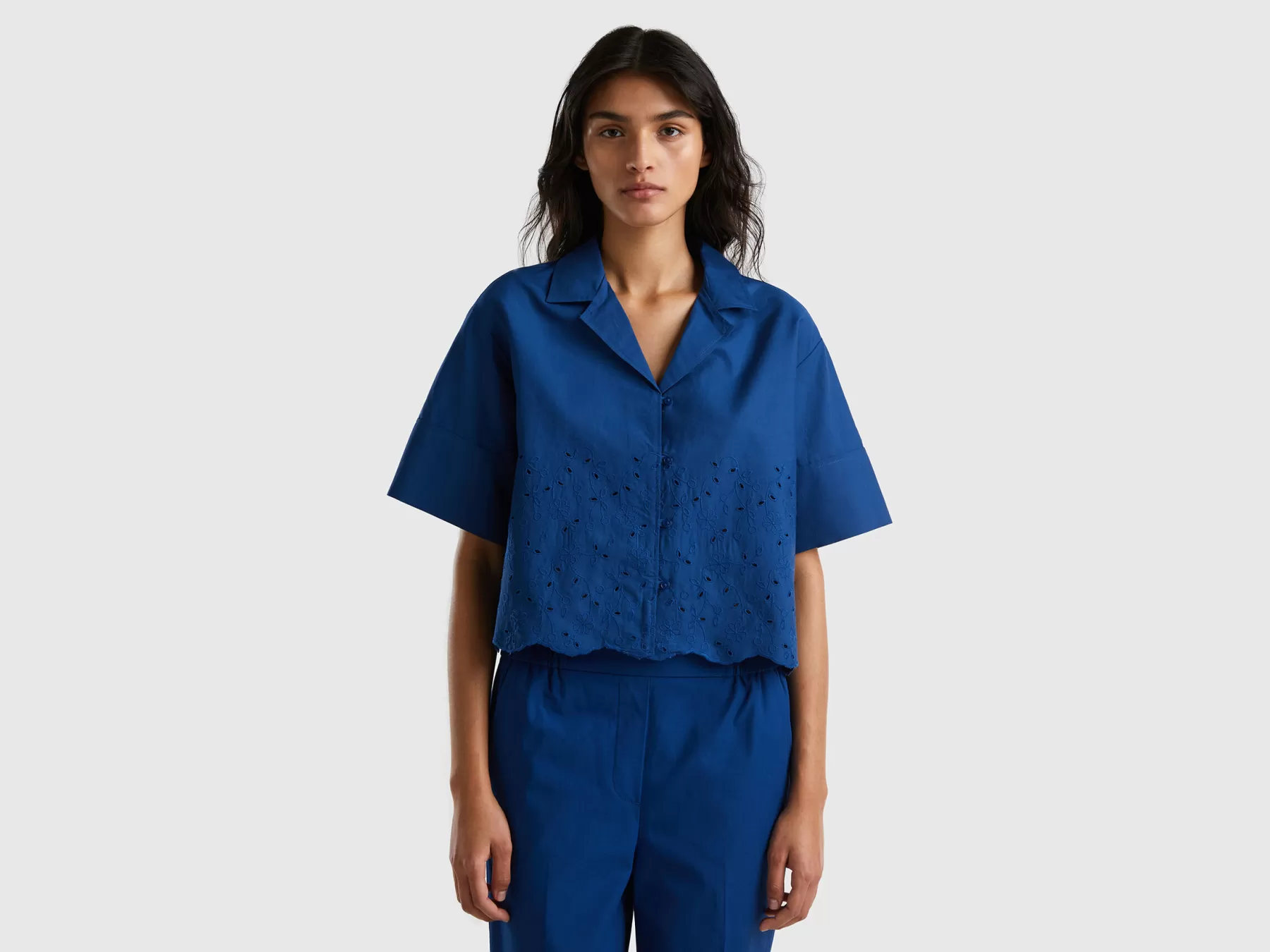 Benetton Camicia Con Ricami Sangallo Blu Scuro Shop