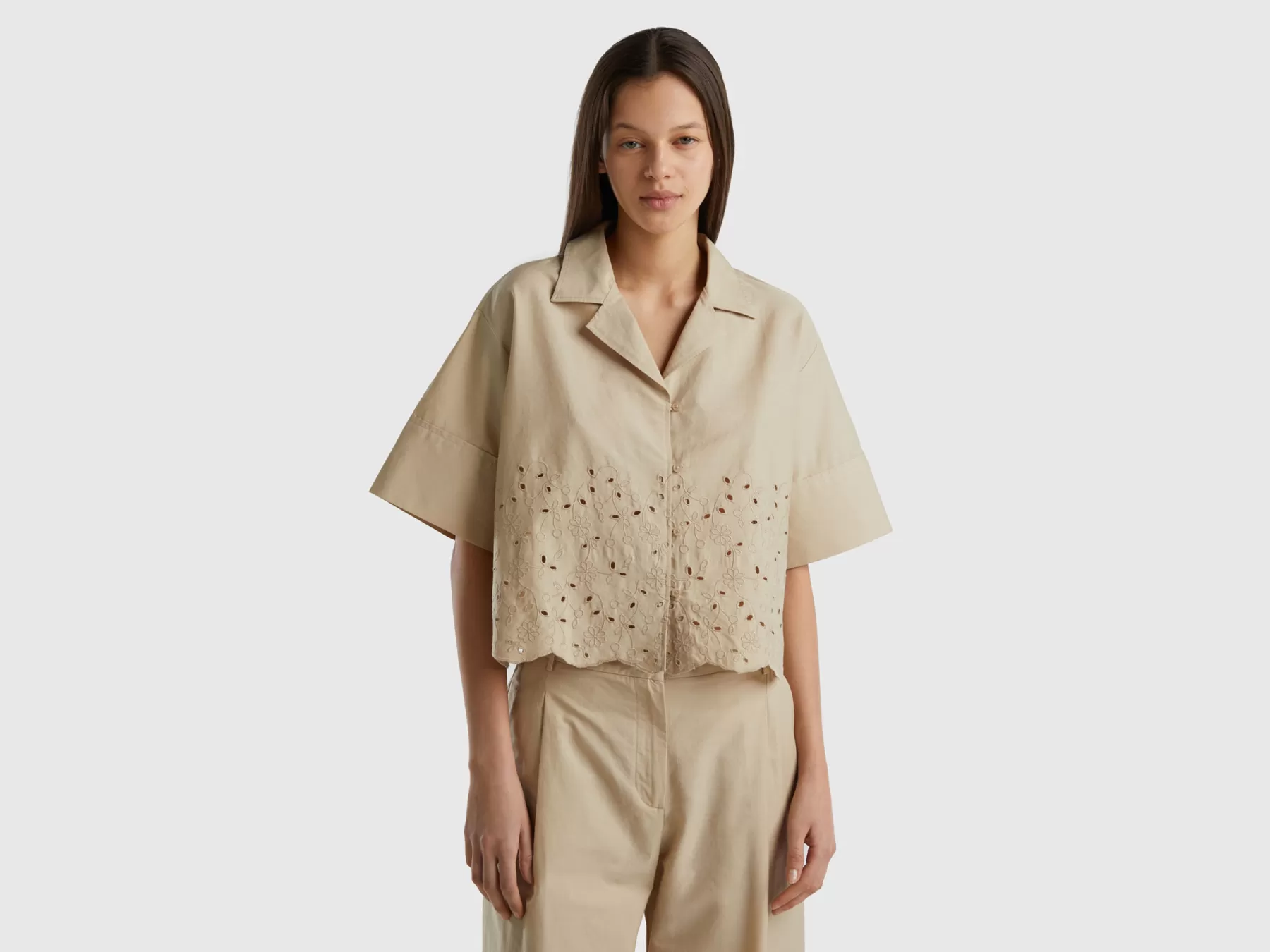 Benetton Camicia Con Ricami Sangallo Beige Discount